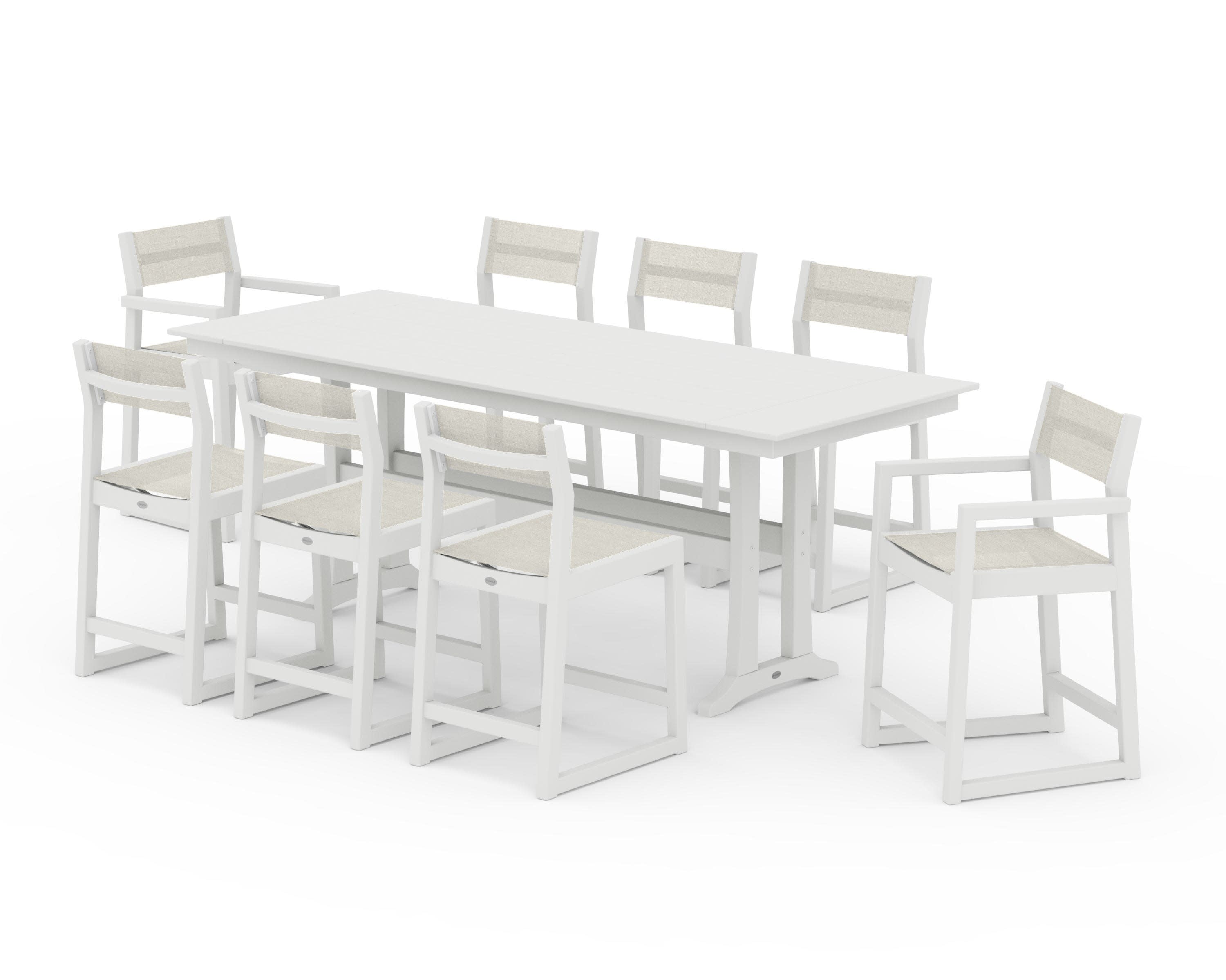 EDGE Sling 9-Piece Farmhouse Counter Set with Trestle Legs in Vintage White / Parchment Sling