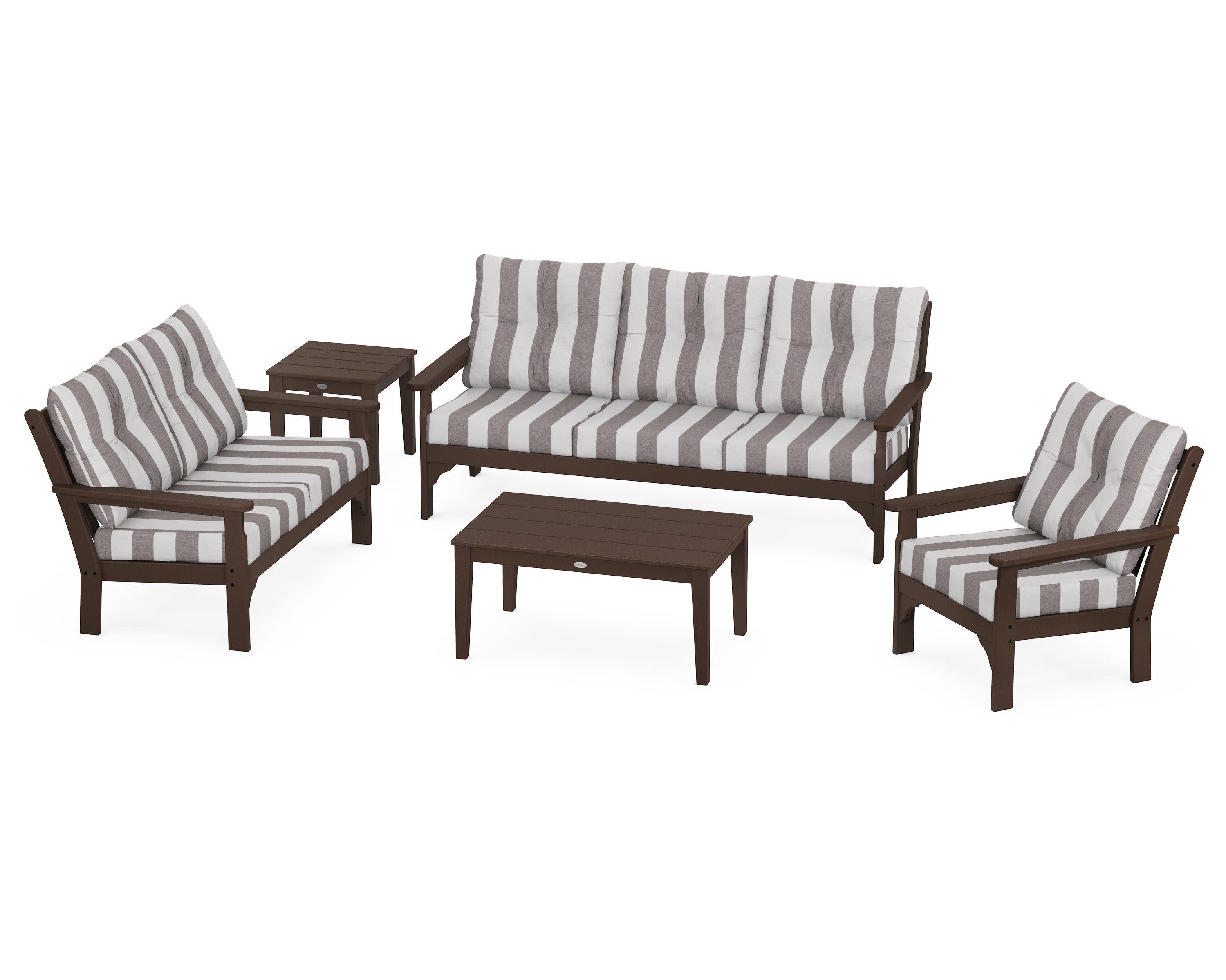 Vineyard 5 Piece Deep Seating Set in Mahogany / Cabana Stripe Grey Mist