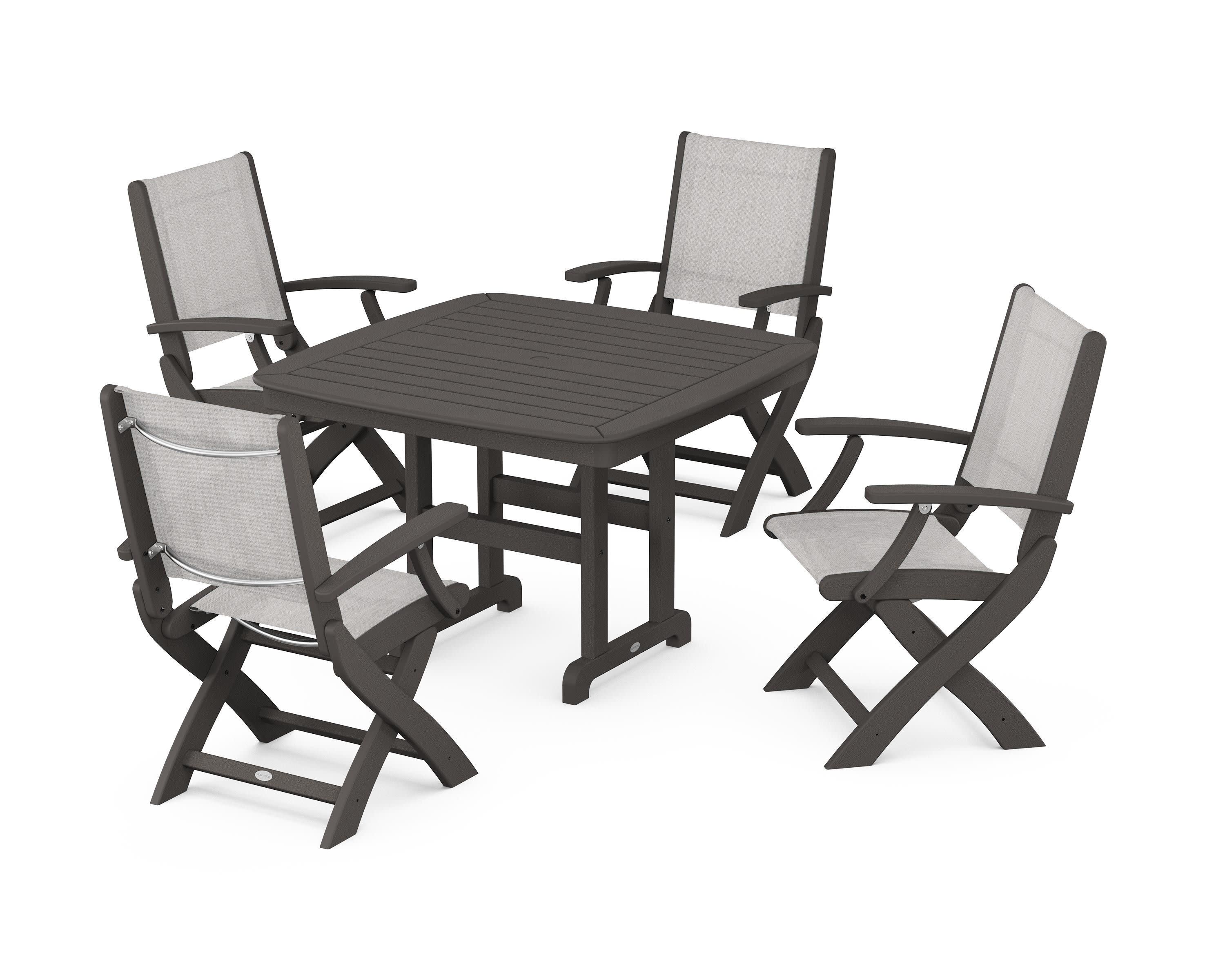 Coastal Folding Chair 5-Piece Dining Set in Vintage Coffee / Parchment Sling