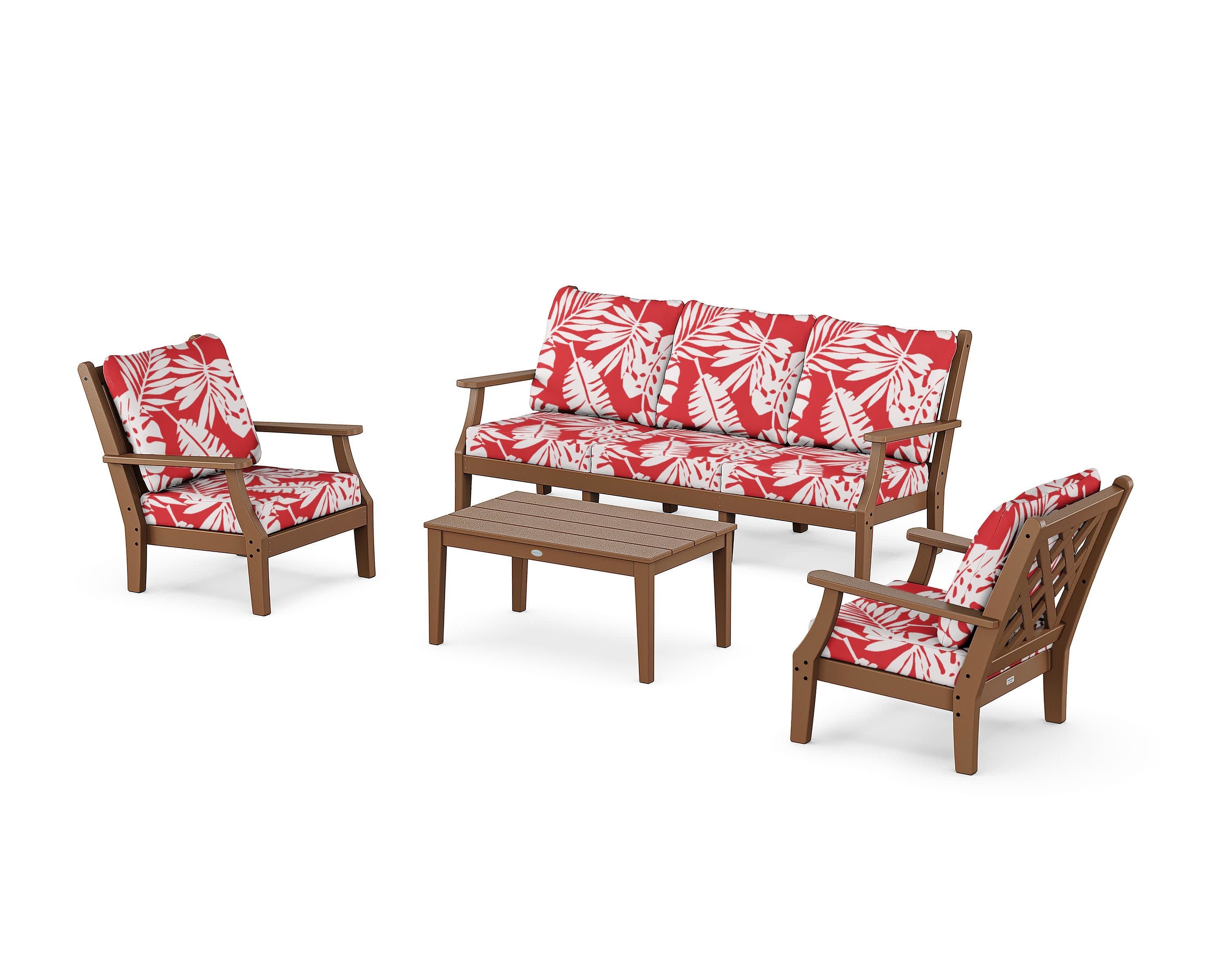 Wovendale 4-Piece Deep Seating Set with Sofa in Teak / Leaf Crimson