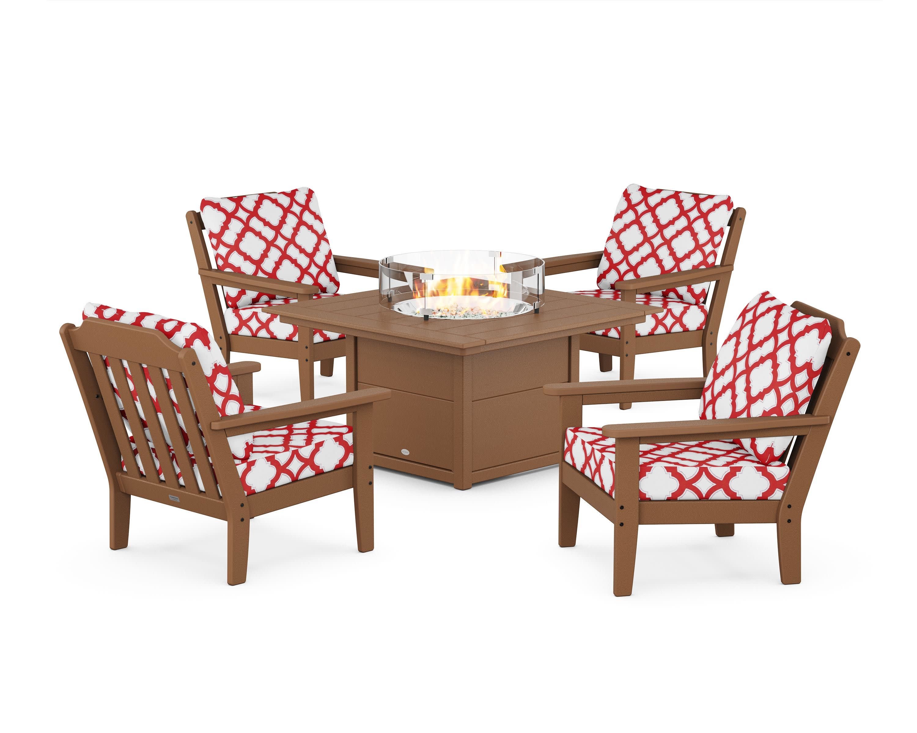 Cottage 5-Piece Deep Seating Set with Fire Pit Table in Teak / Trellis Crimson