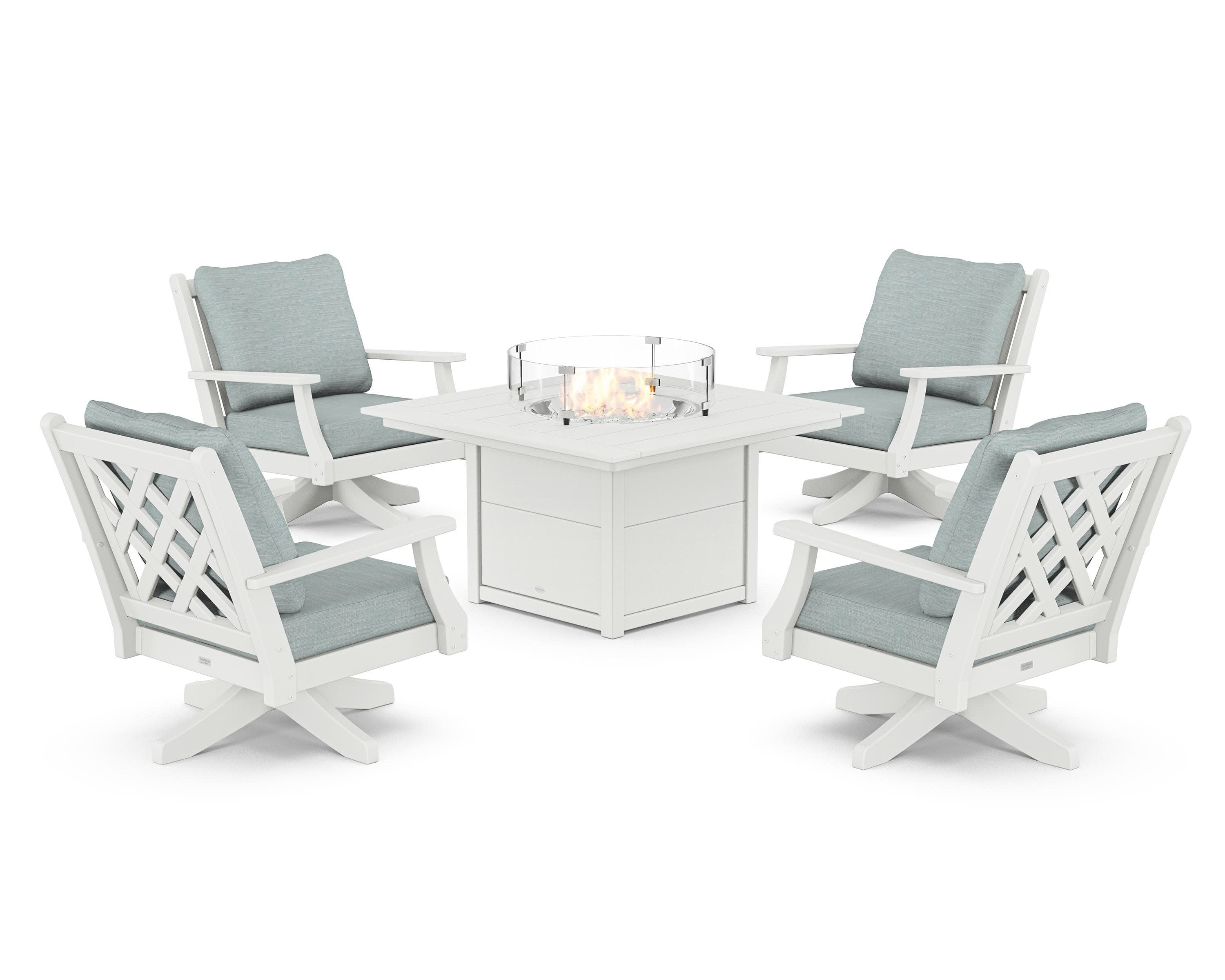 Wovendale 5-Piece Deep Seating Swivel Conversation Set with Fire Pit Table in White / Soothe Mist