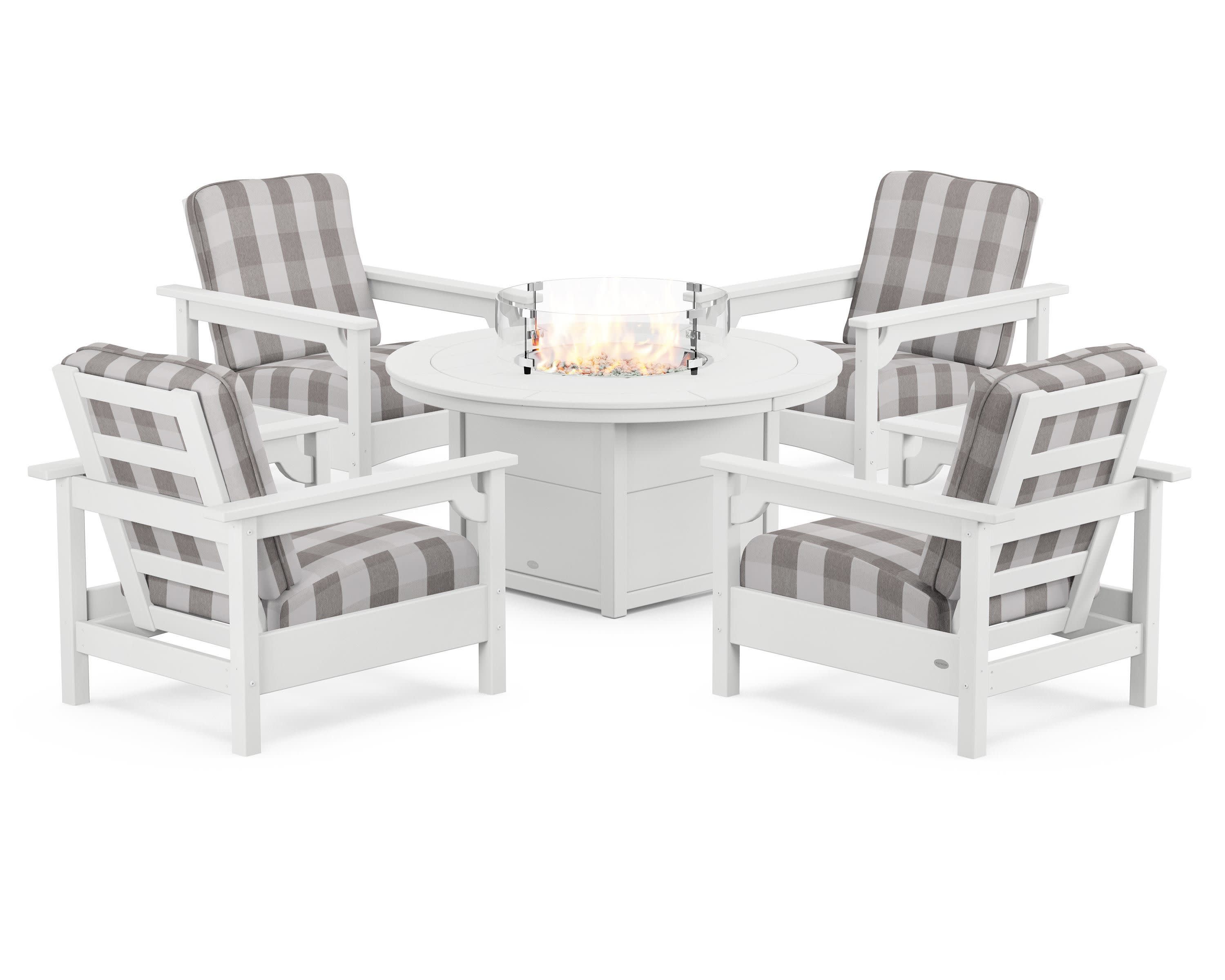 Club 5-Piece Conversation Set with Fire Pit Table in White / Buffalo Plaid Grey Mist