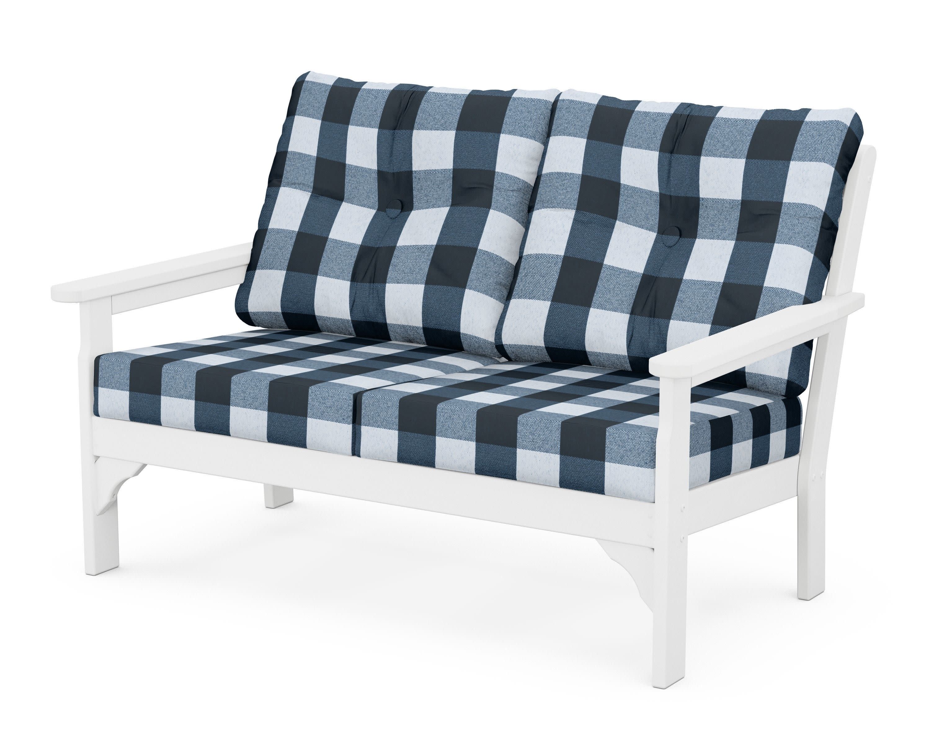 Vineyard Deep Seating Loveseat in White / Buffalo Plaid Marine Indigo