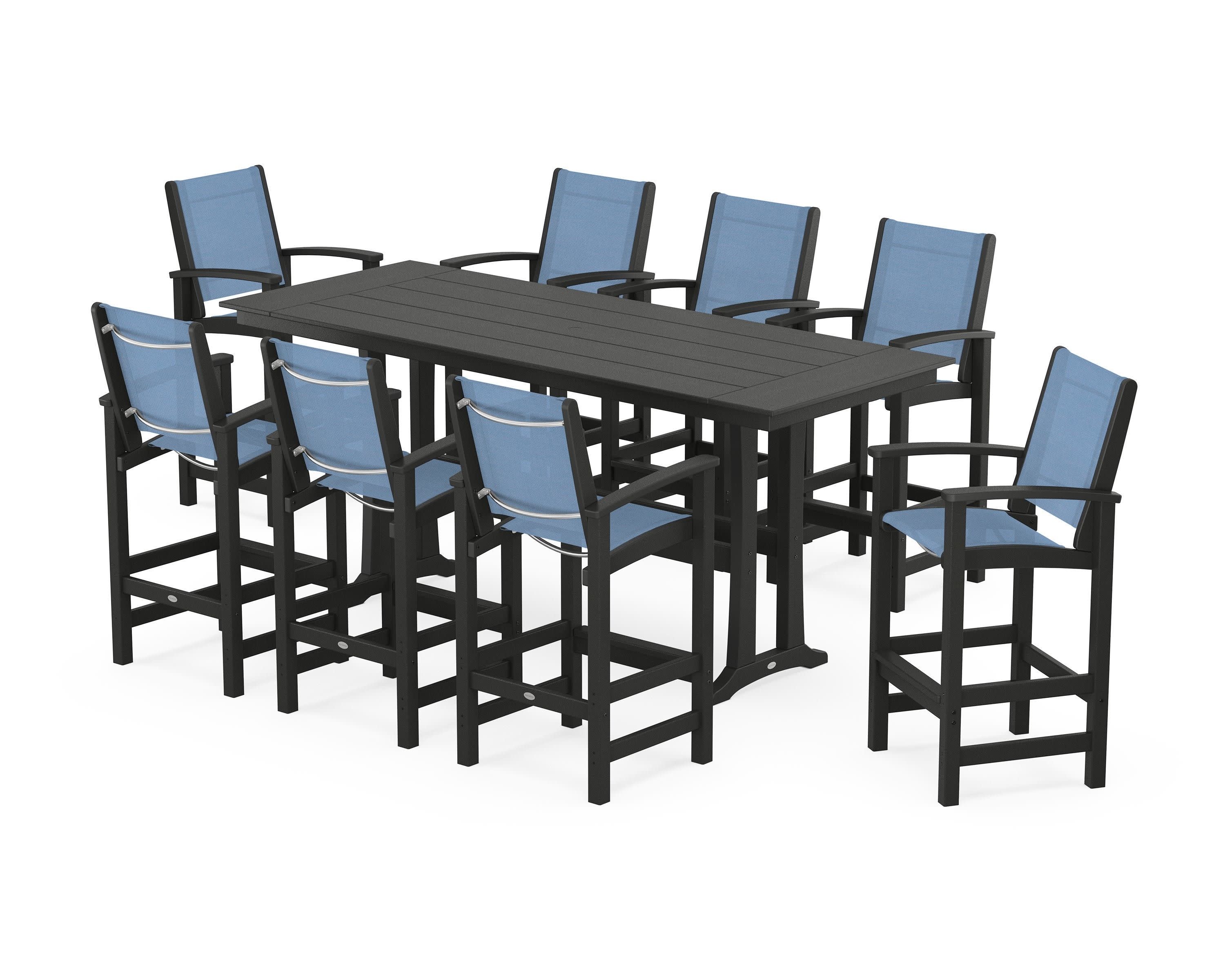 Coastal 9-Piece Farmhouse Bar Set with Trestle Legs in Black / Poolside Sling