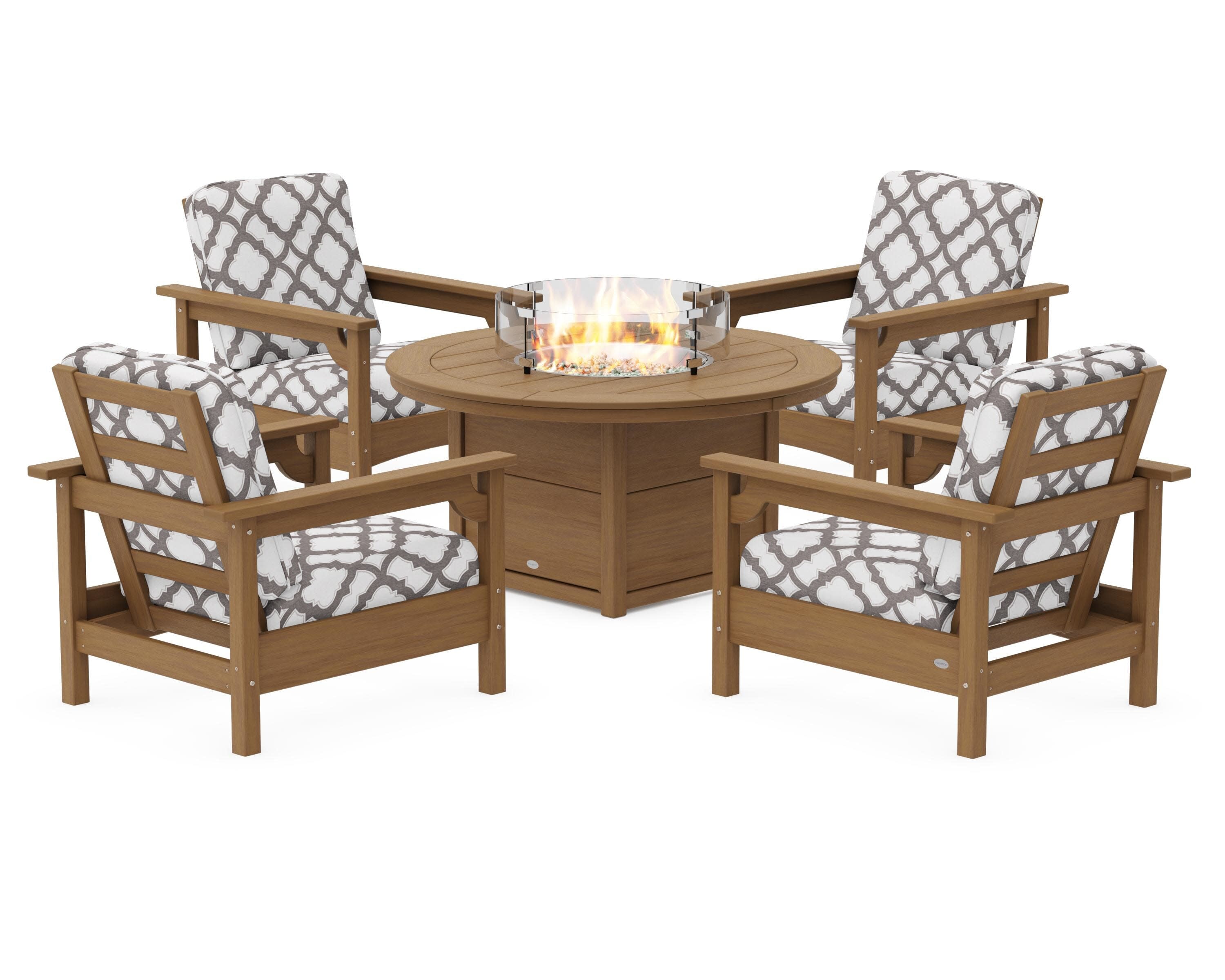 Club 5-Piece Conversation Set with Fire Pit Table in Natural / Trellis Grey Mist