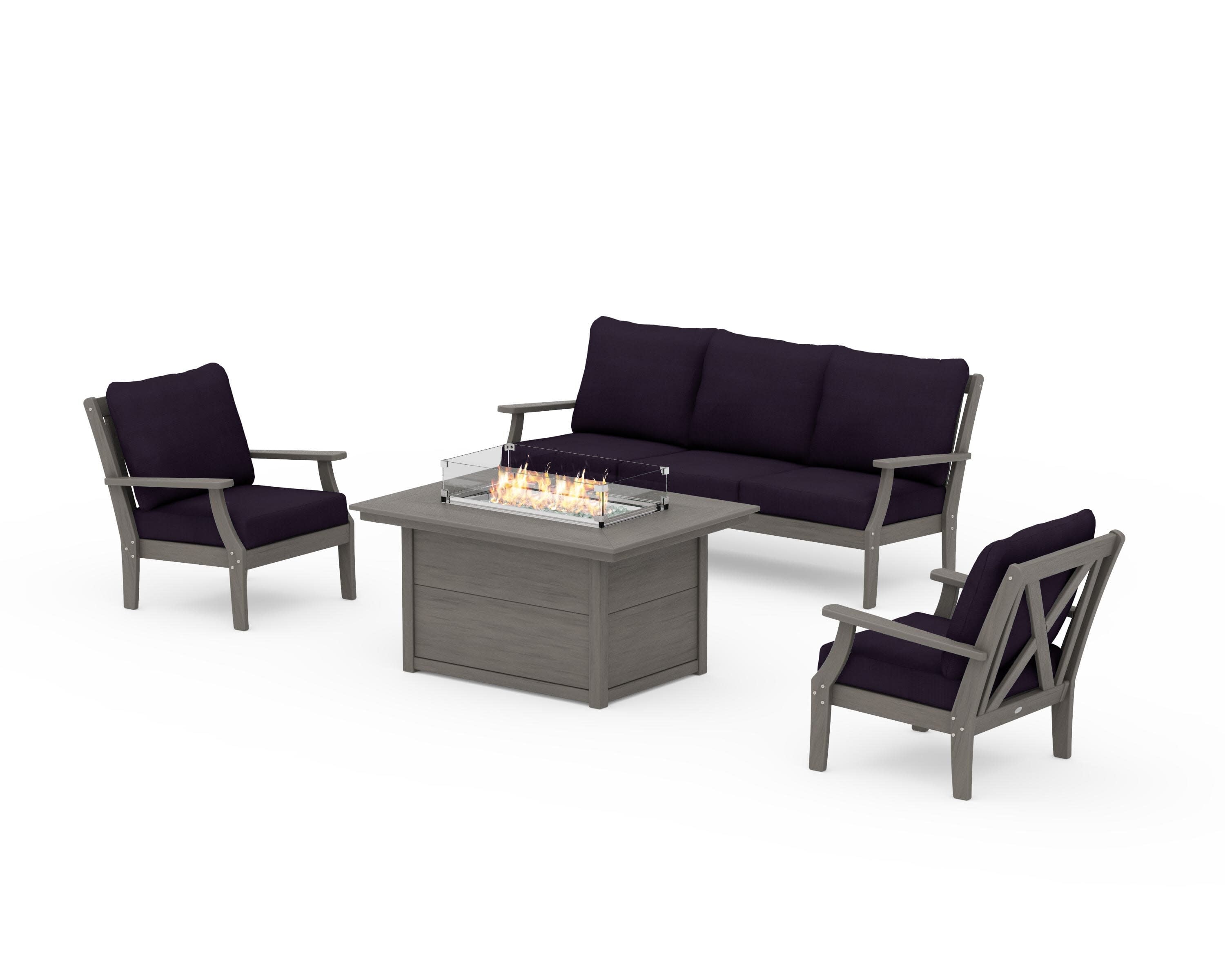 Braxton Deep Seating Fire Pit Table Set in Driftwood / Navy Linen