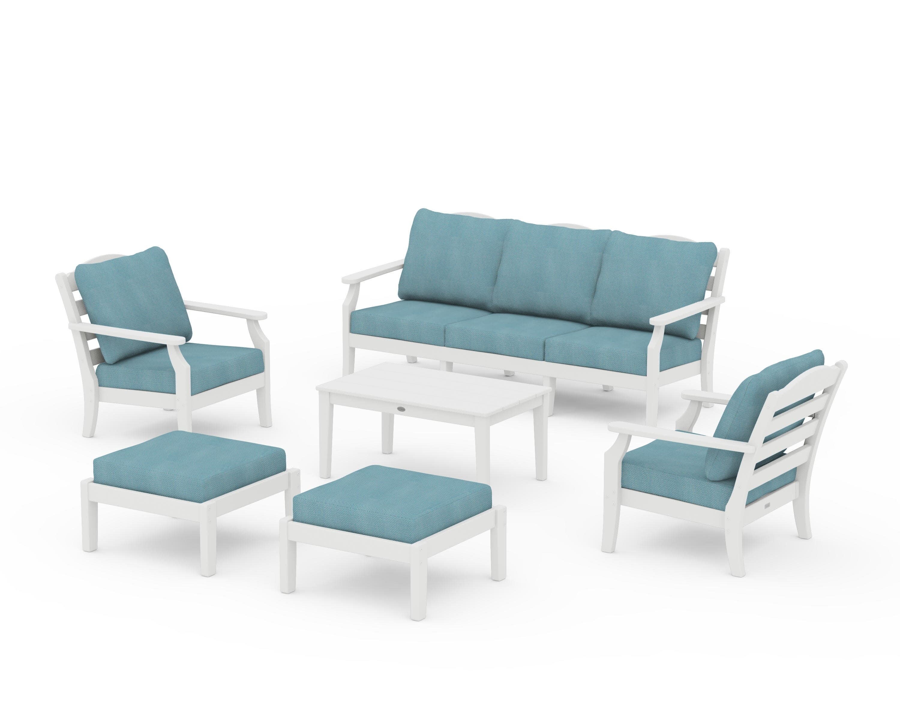 Savannah 6-Piece Lounge Sofa Set in Vintage White / Lattice Sky Blue