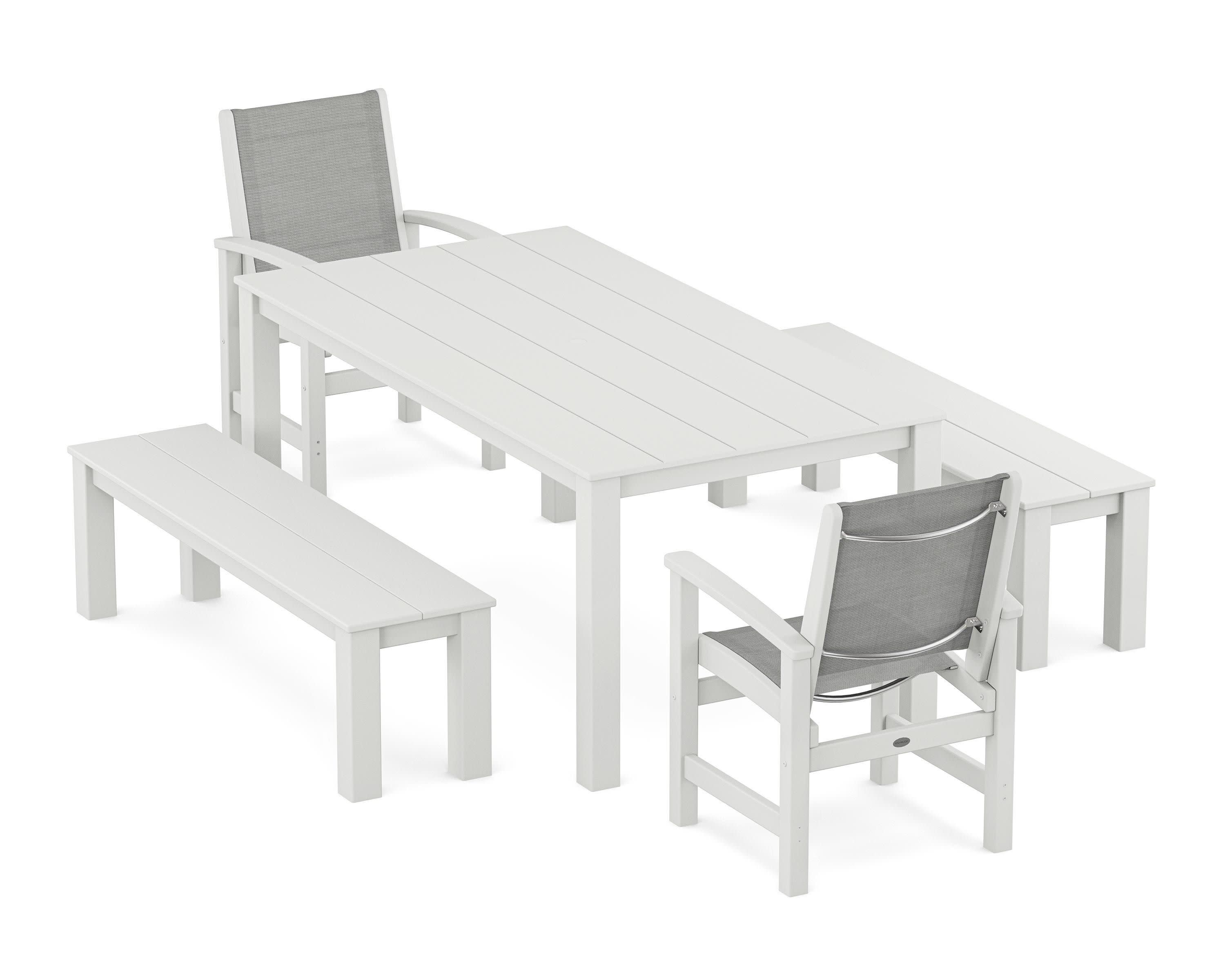 Coastal 5-Piece Parsons Dining Set with Benches in White / Metallic Sling