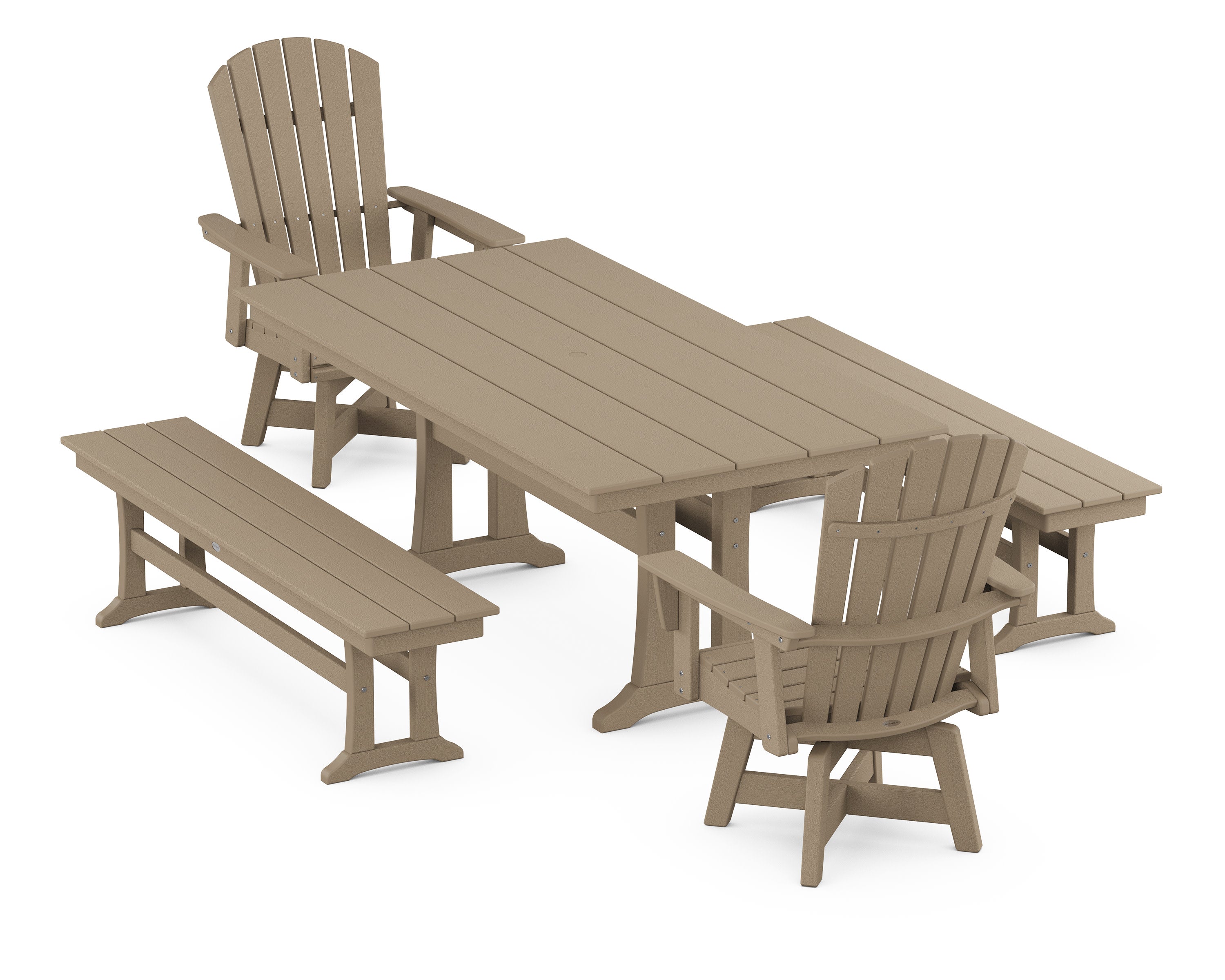 Nautical Curveback Adirondack Swivel Chair 5-Piece Farmhouse Dining Set With Trestle Legs and Benches in Vintage Sahara