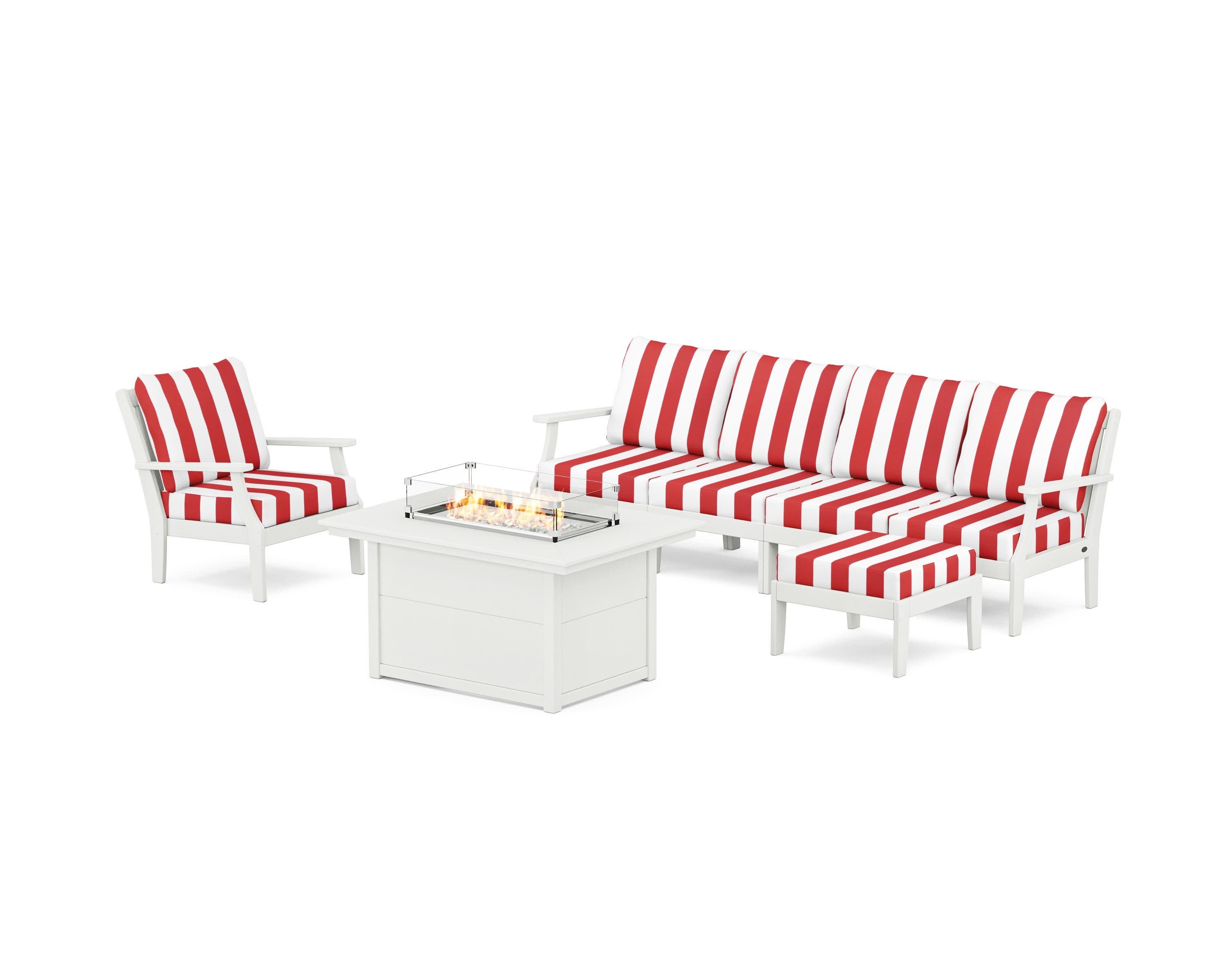 Braxton Sectional Lounge and Fire Pit Set in Vintage White / Cabana Stripe Crimson