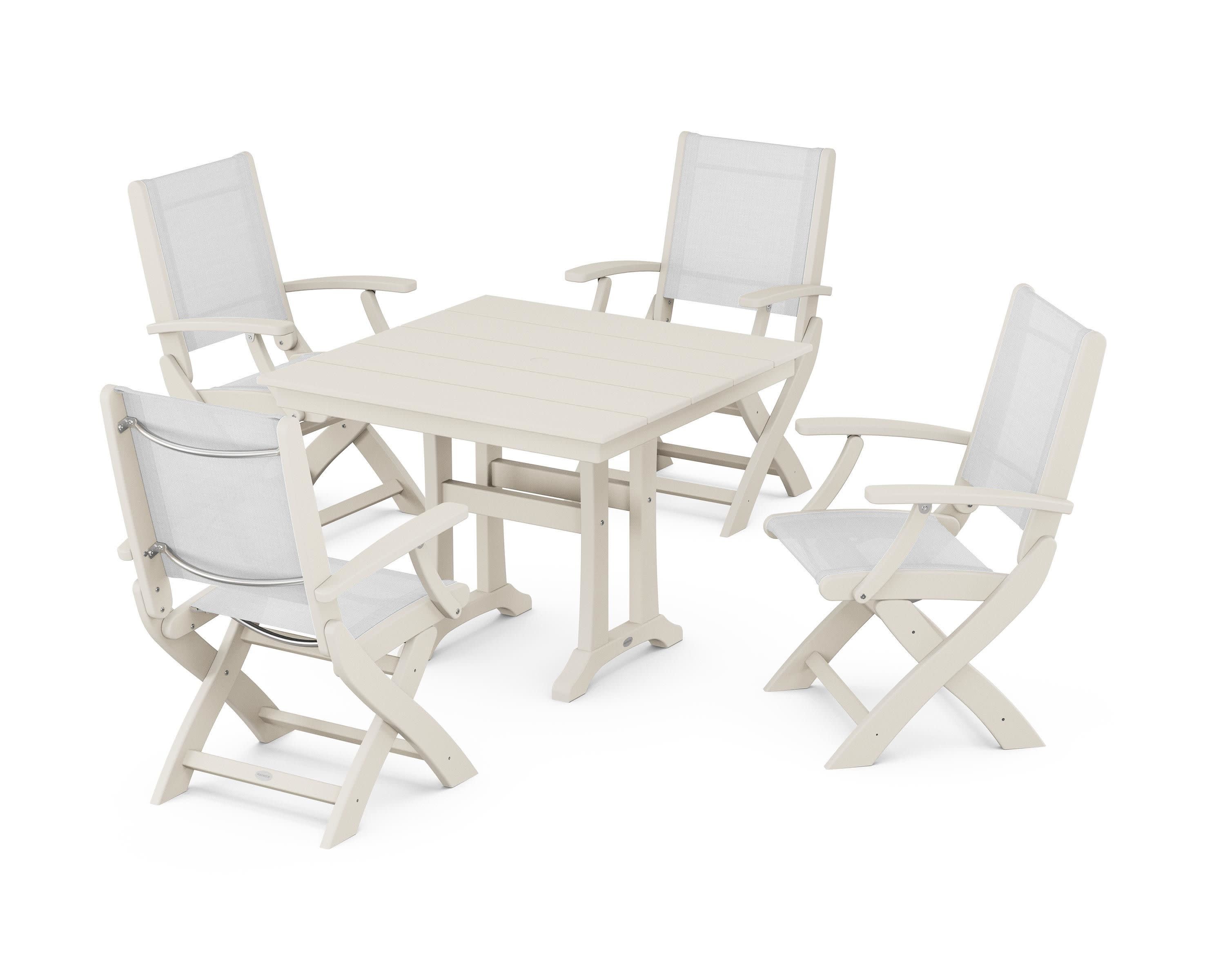 Coastal Folding Chair 5-Piece Farmhouse Dining Set With Trestle Legs in Sand / White Sling