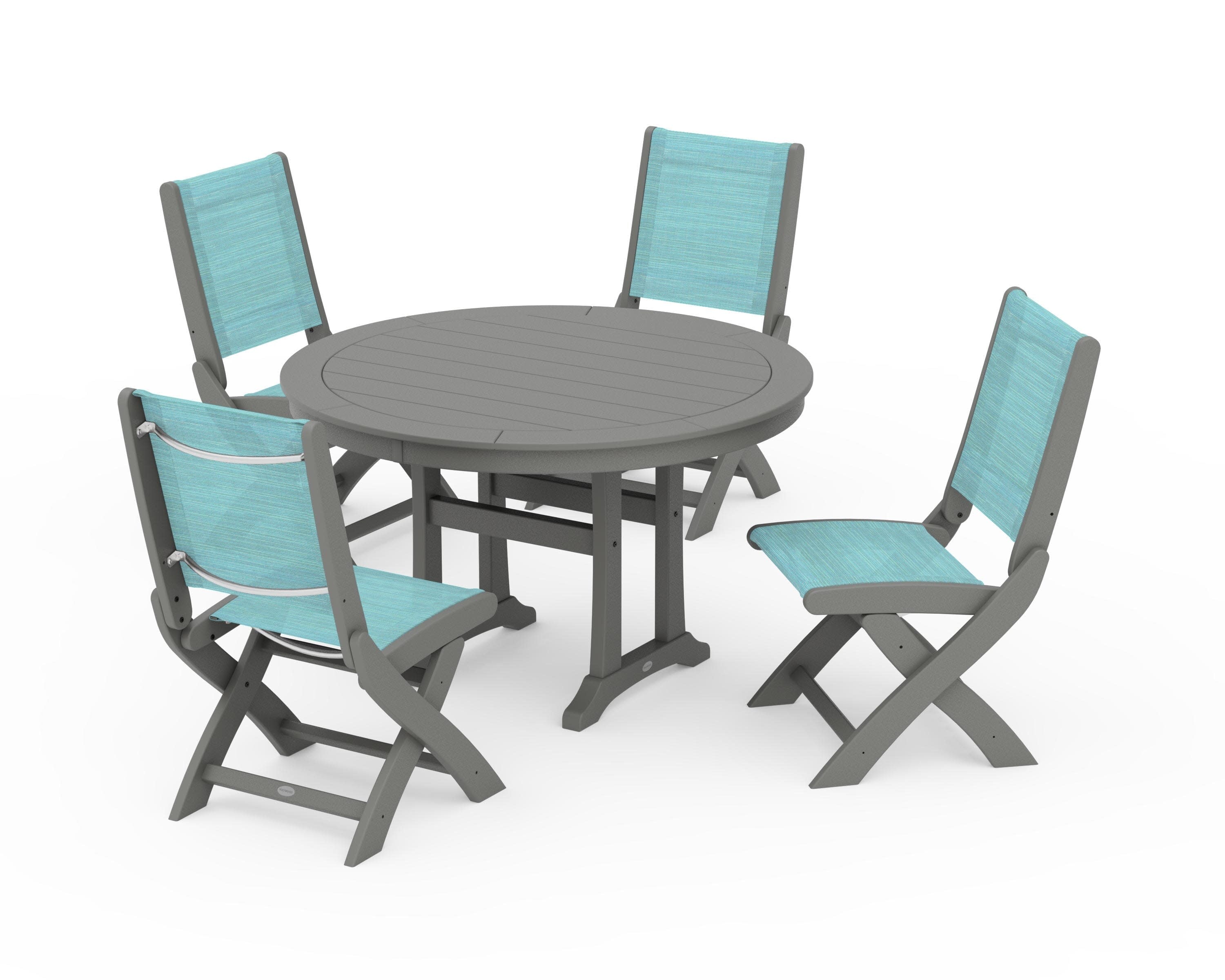Coastal Folding Side Chair 5-Piece Round Dining Set With Trestle Legs in Slate Grey / Dupioni Aquamarine Sling
