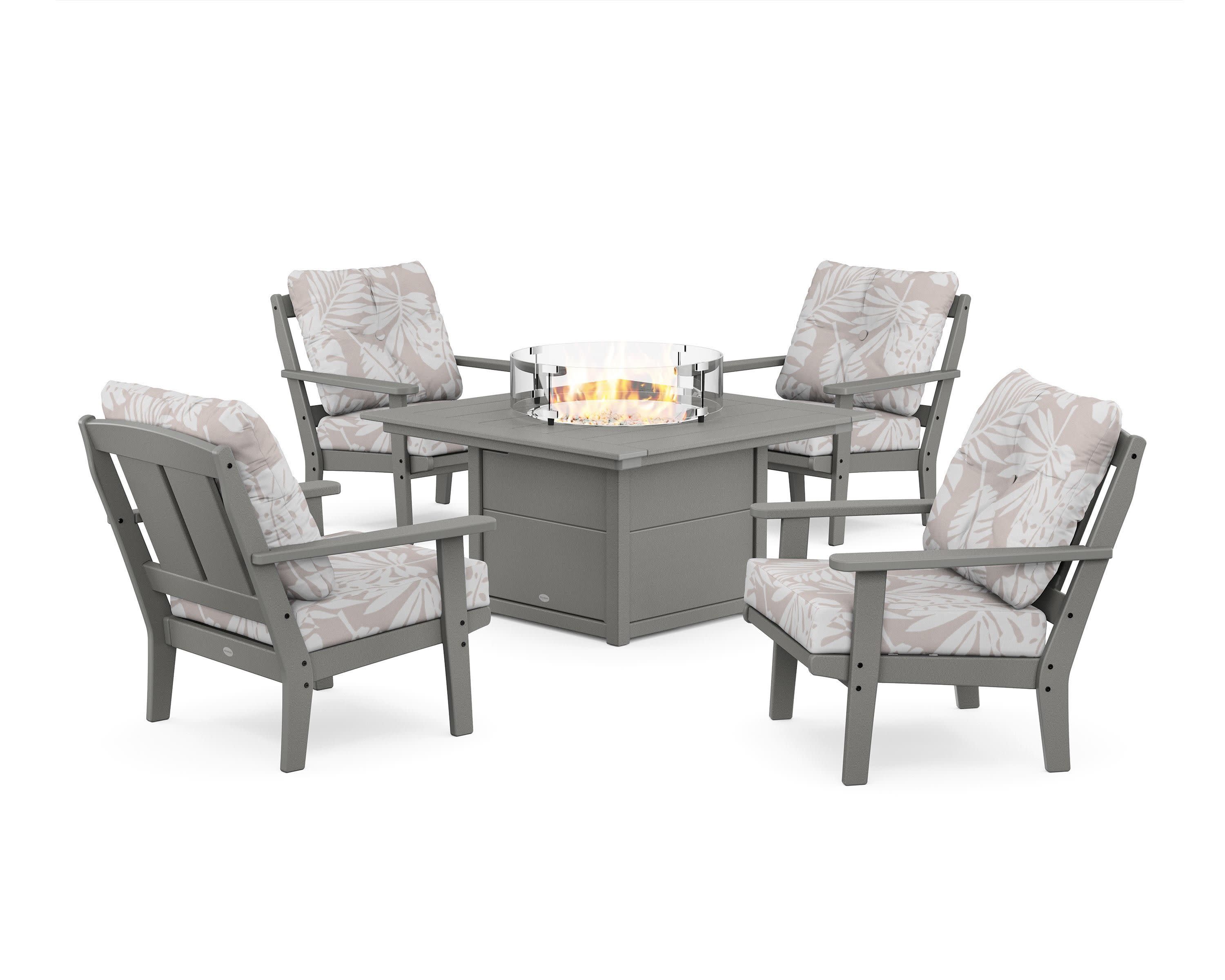 Mission 5-Piece Deep Seating Set with Fire Pit Table in Slate Grey / Leaf Dune Burlap