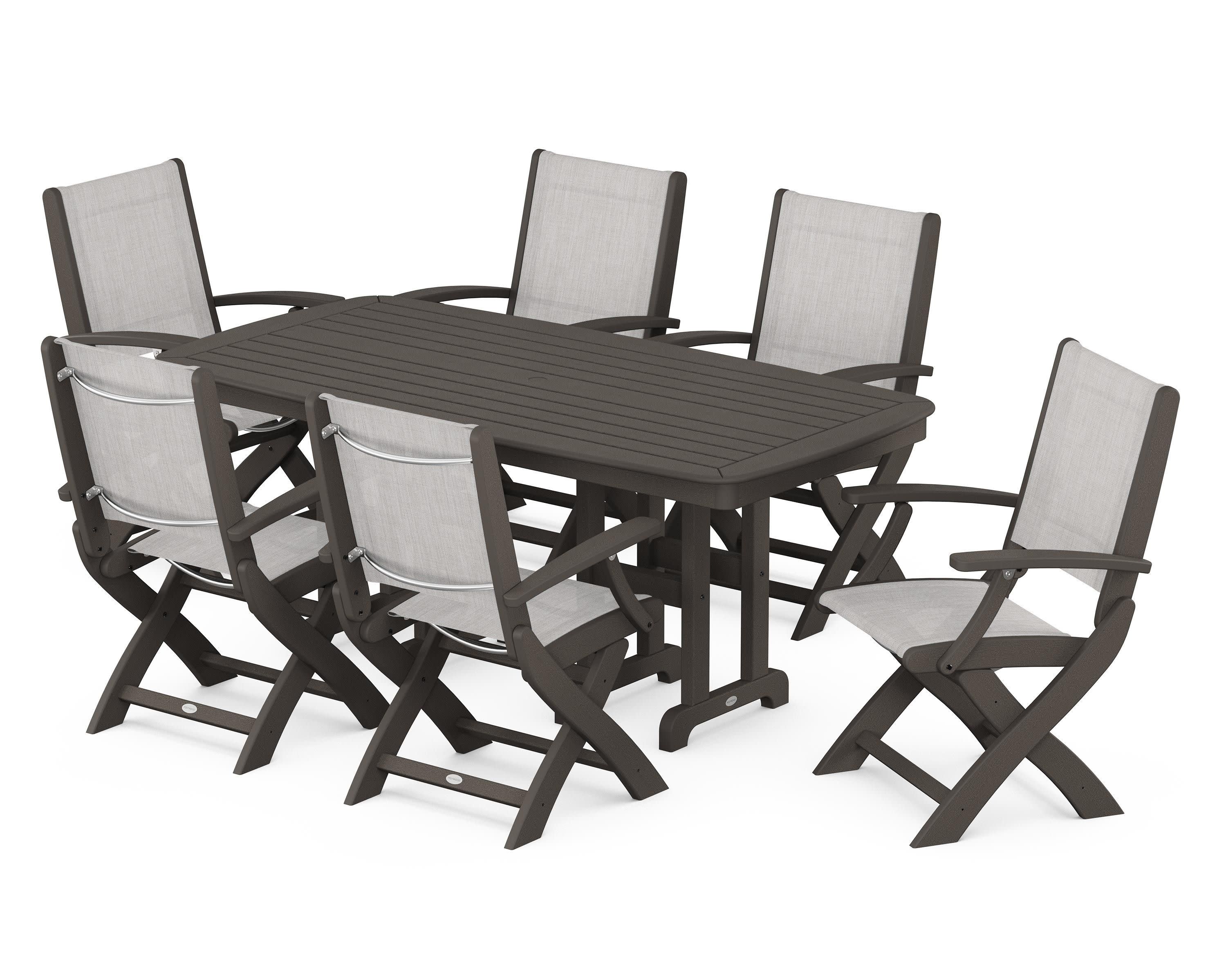 Coastal Folding Arm Chair 7-Piece Dining Set in Vintage Coffee / Parchment Sling