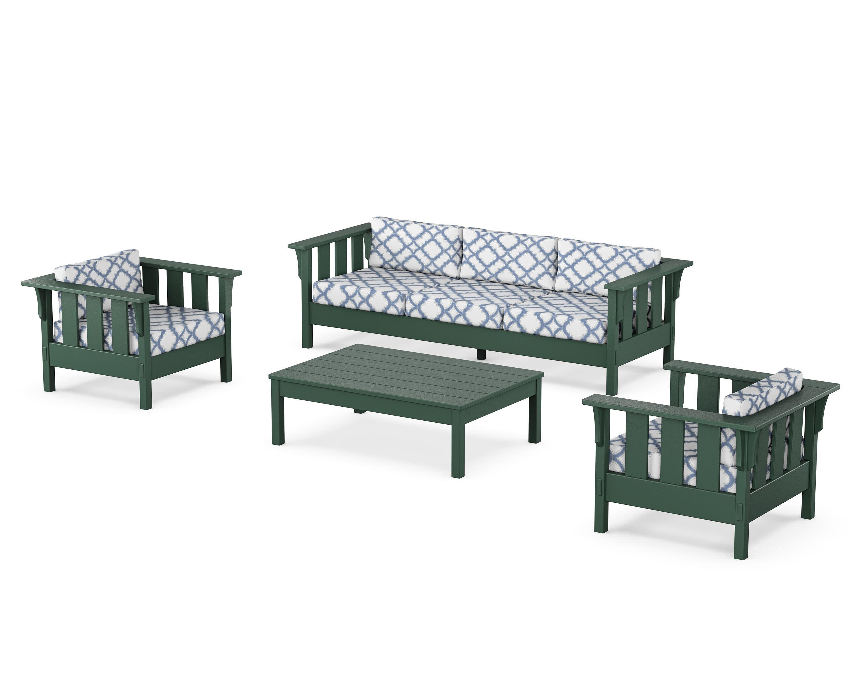 Acadia 4-Piece Deep Seating Set with Sofa in Green / Trellis Sky Blue
