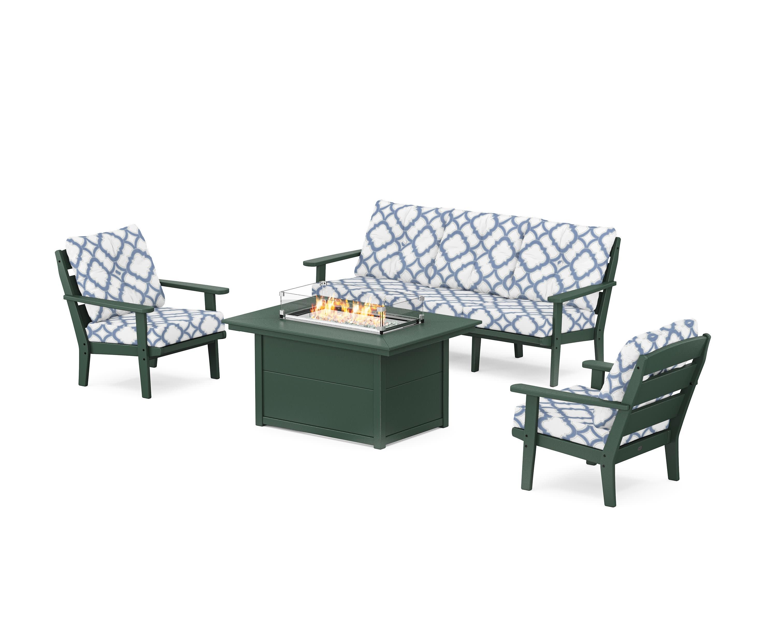 Lakeside Deep Seating Fire Pit Table Set in Green / Trellis Sky Blue