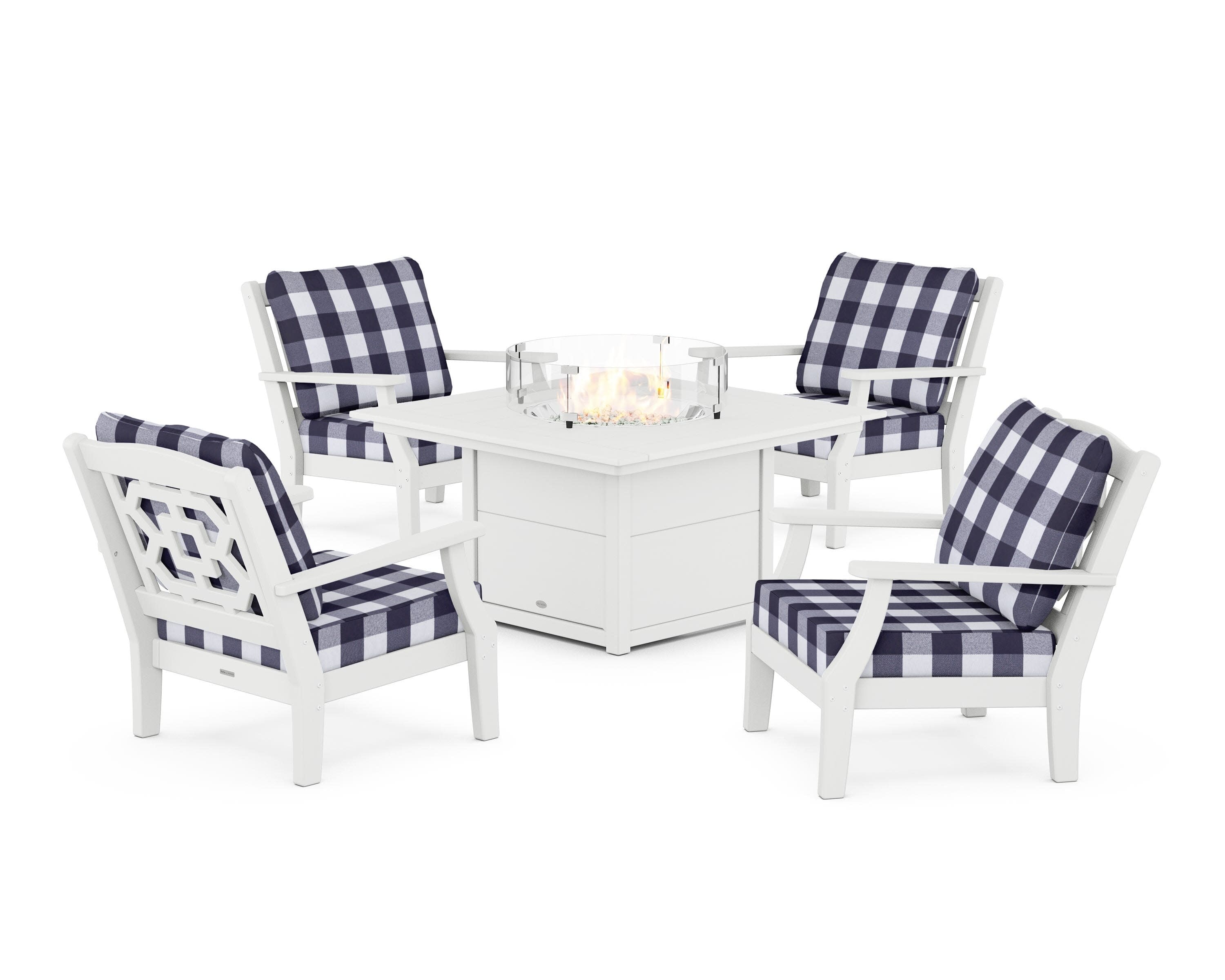 Chinoiserie 5-Piece Deep Seating Set with Fire Pit Table in White / Buffalo Plaid Navy