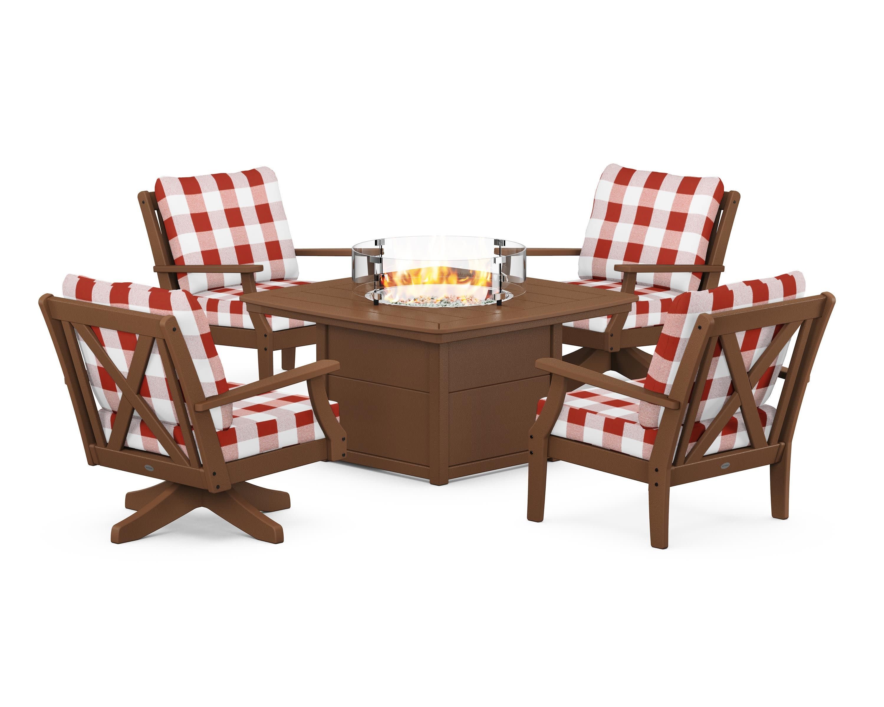 Braxton 5-Piece Deep Seating Set with Fire Table in Teak / Buffalo Plaid Crimson
