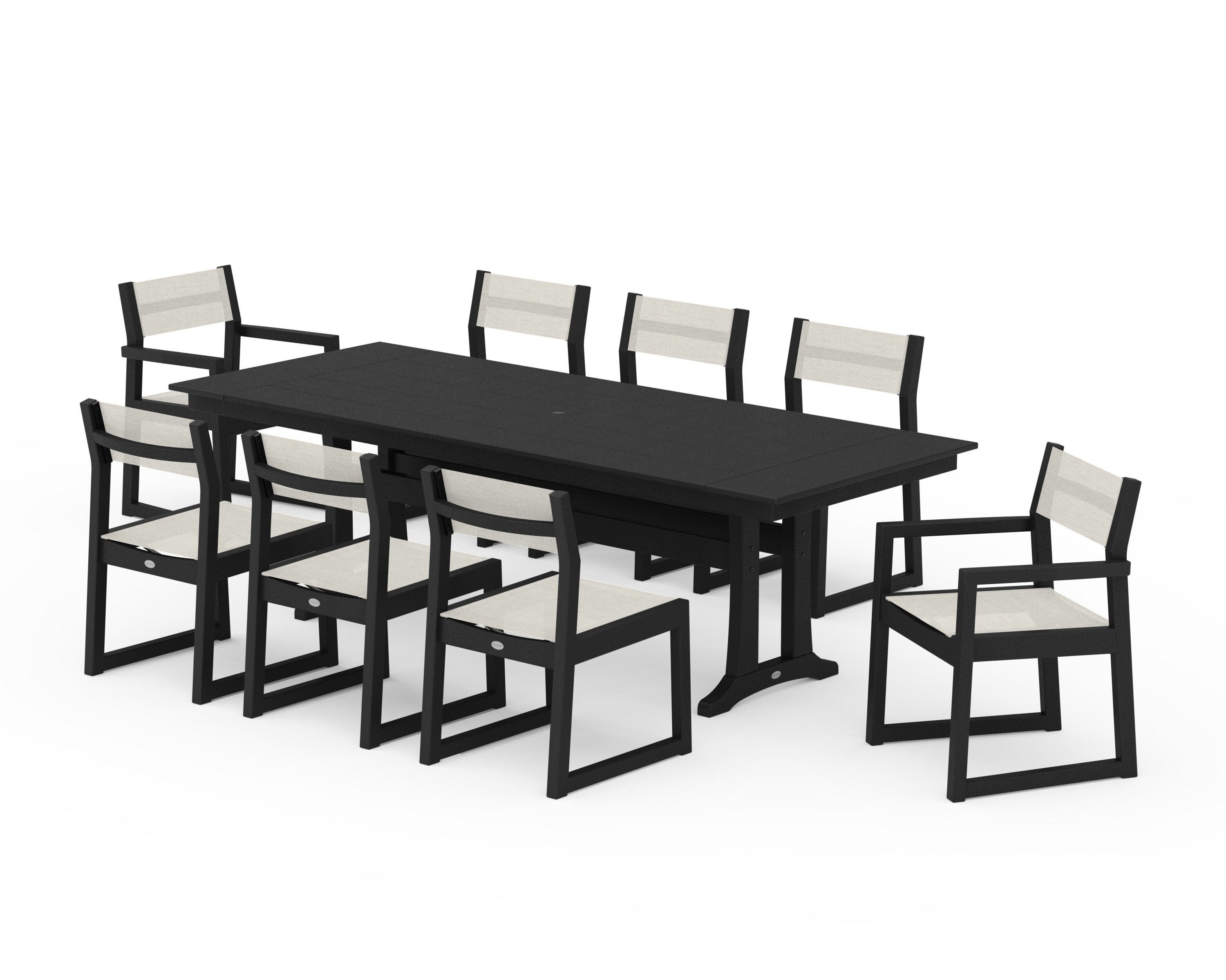 EDGE Sling 9-Piece Farmhouse Trestle Dining Set in Black / Parchment Sling