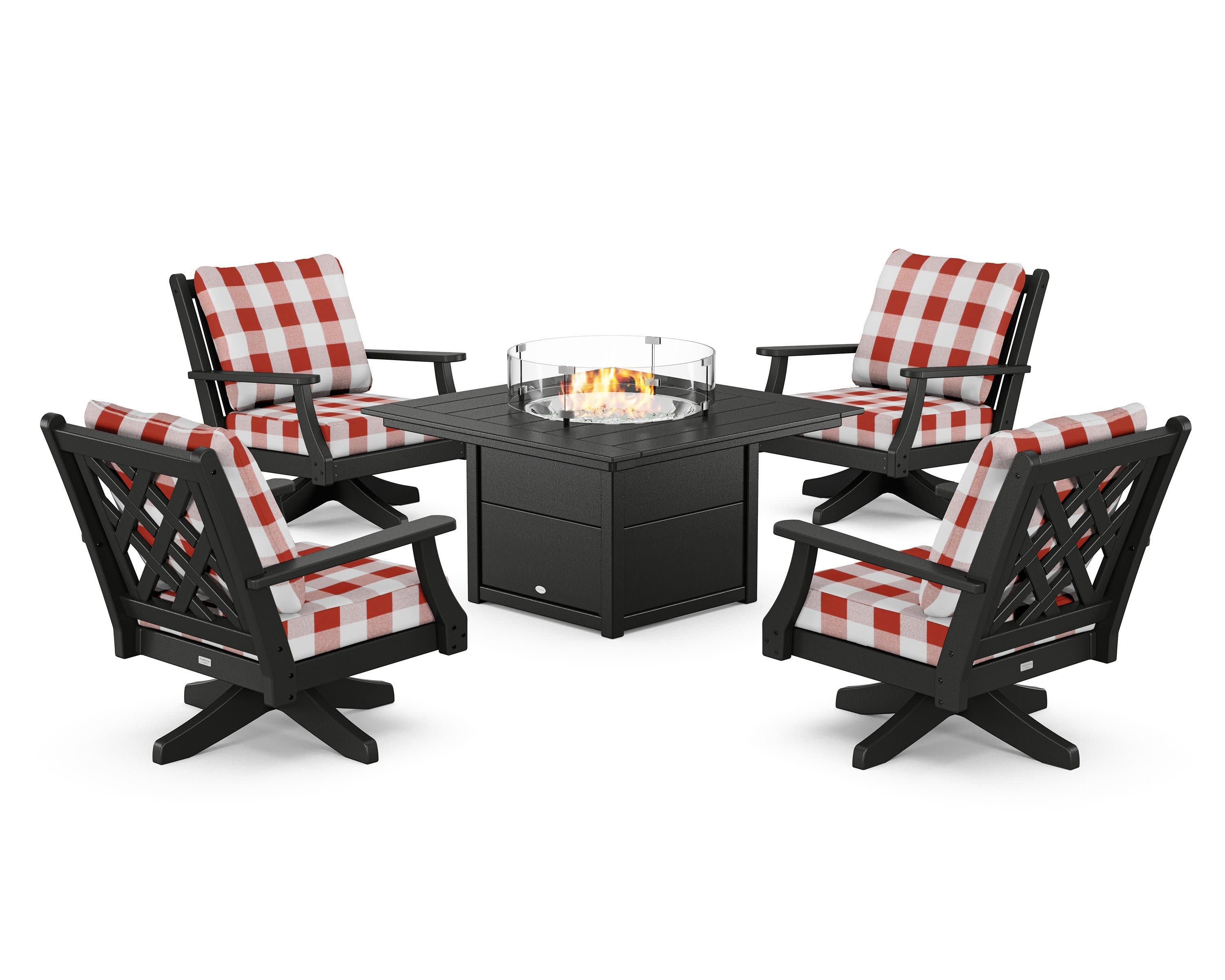 Wovendale 5-Piece Deep Seating Swivel Conversation Set with Fire Pit Table in Black / Buffalo Plaid Crimson