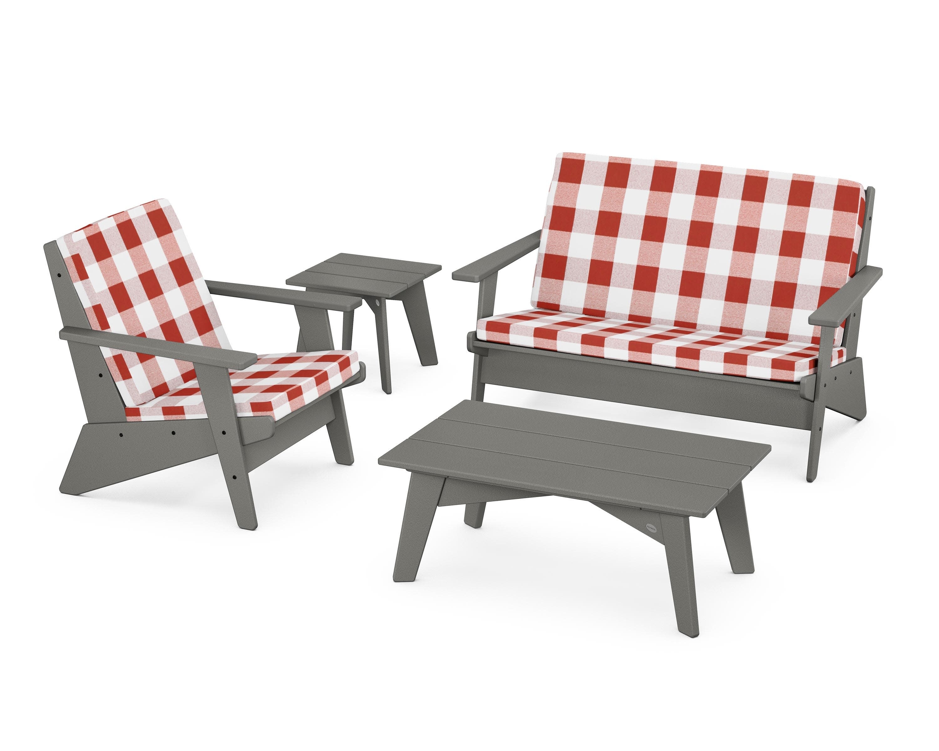 Riviera Modern Lounge 4-Piece Set in Slate Grey / Buffalo Plaid Crimson