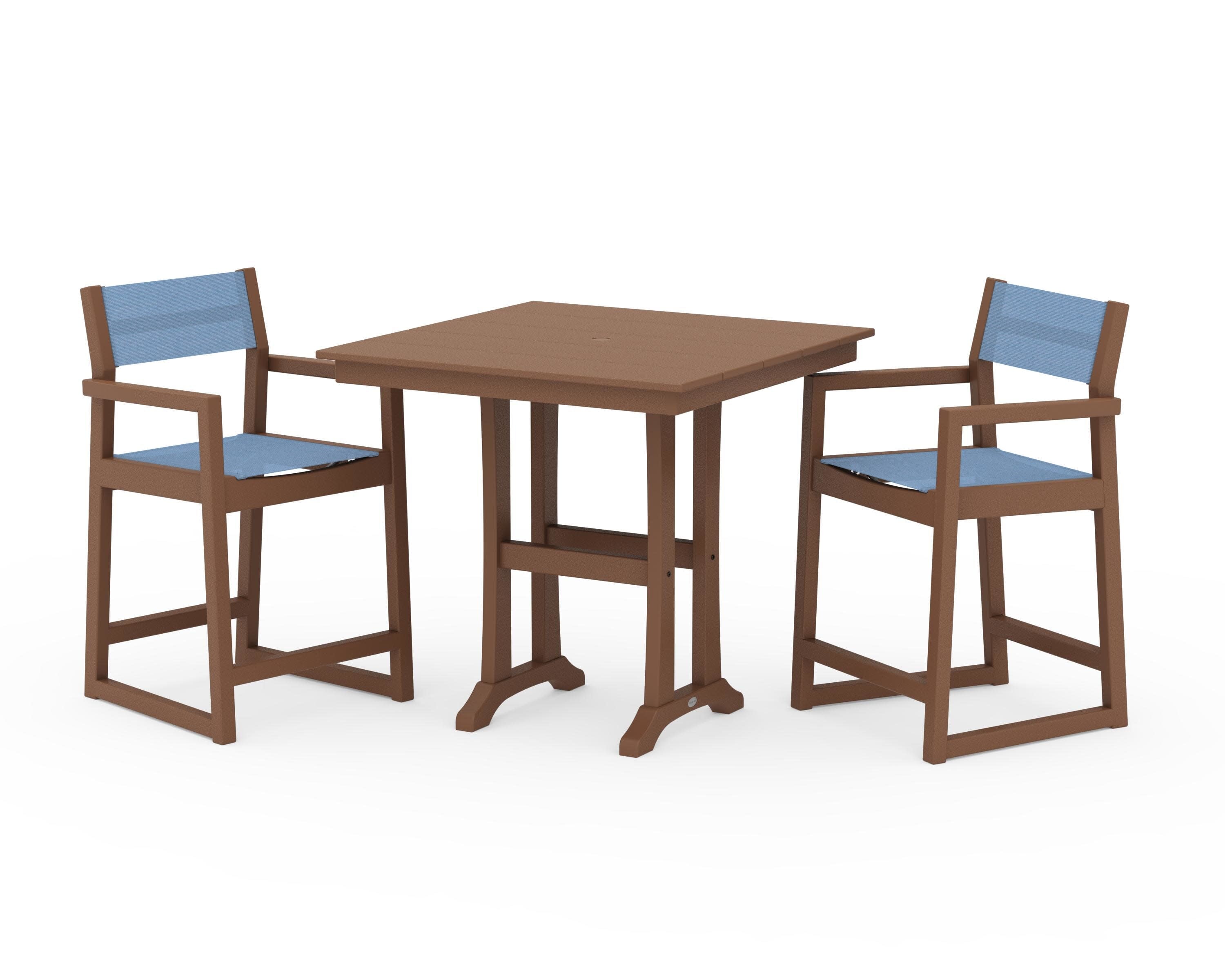 EDGE Sling Arm Chair 3-Piece Farmhouse Counter Set with Trestle Legs in Teak / Poolside Sling