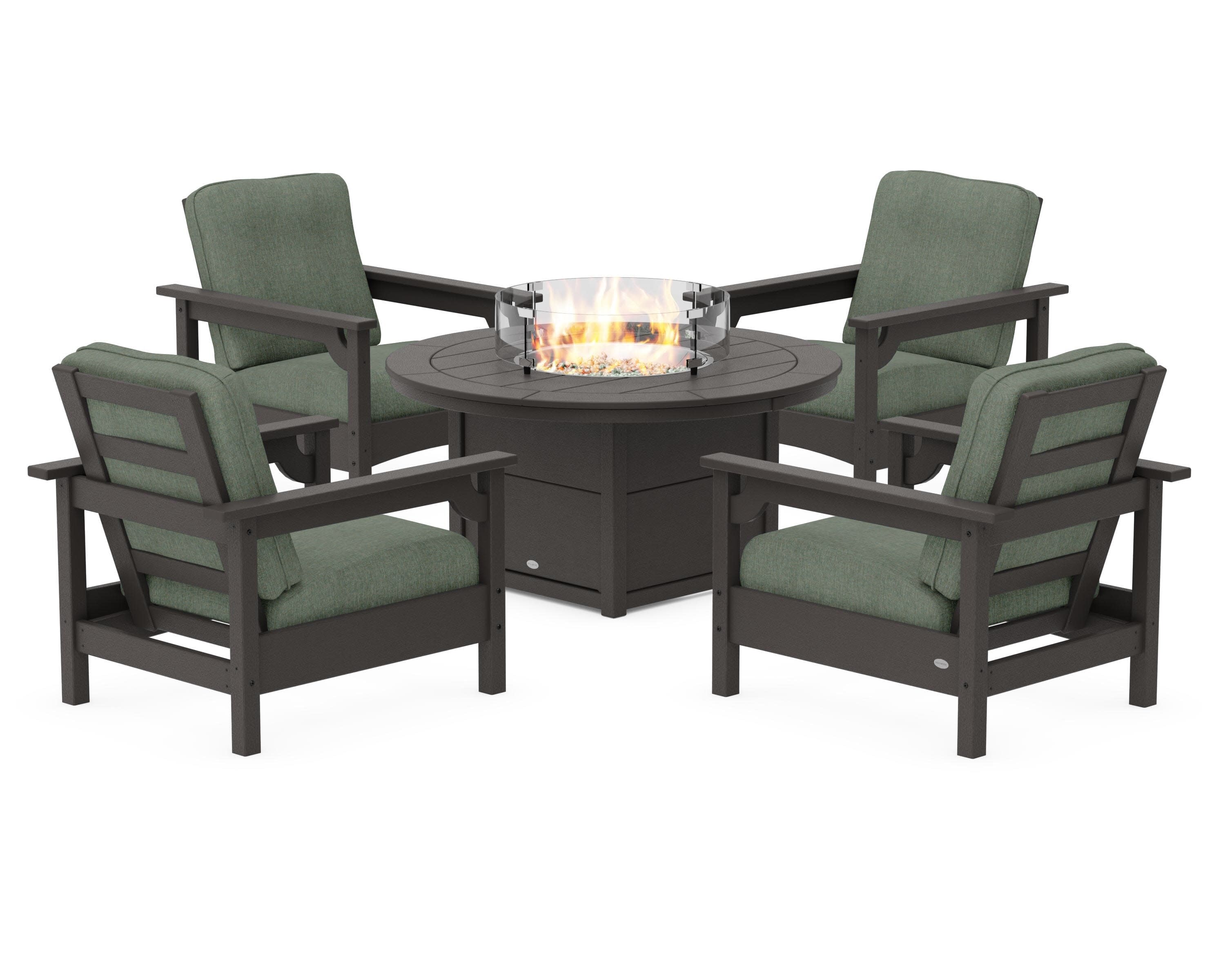 Club 5-Piece Conversation Set with Fire Pit Table in Vintage Coffee / Cast Sage