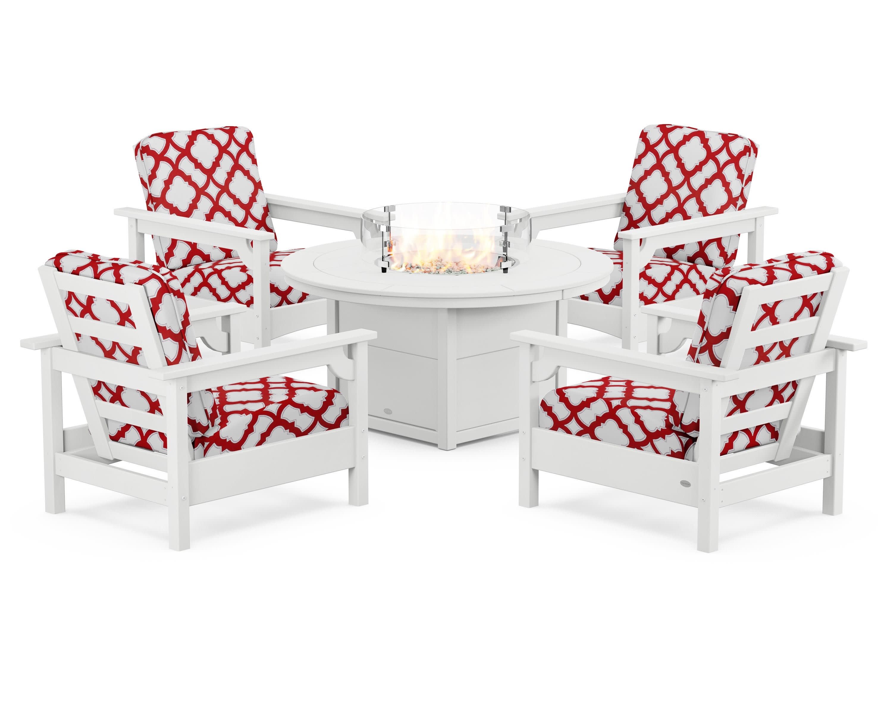 Club 5-Piece Conversation Set with Fire Pit Table in White / Trellis Crimson