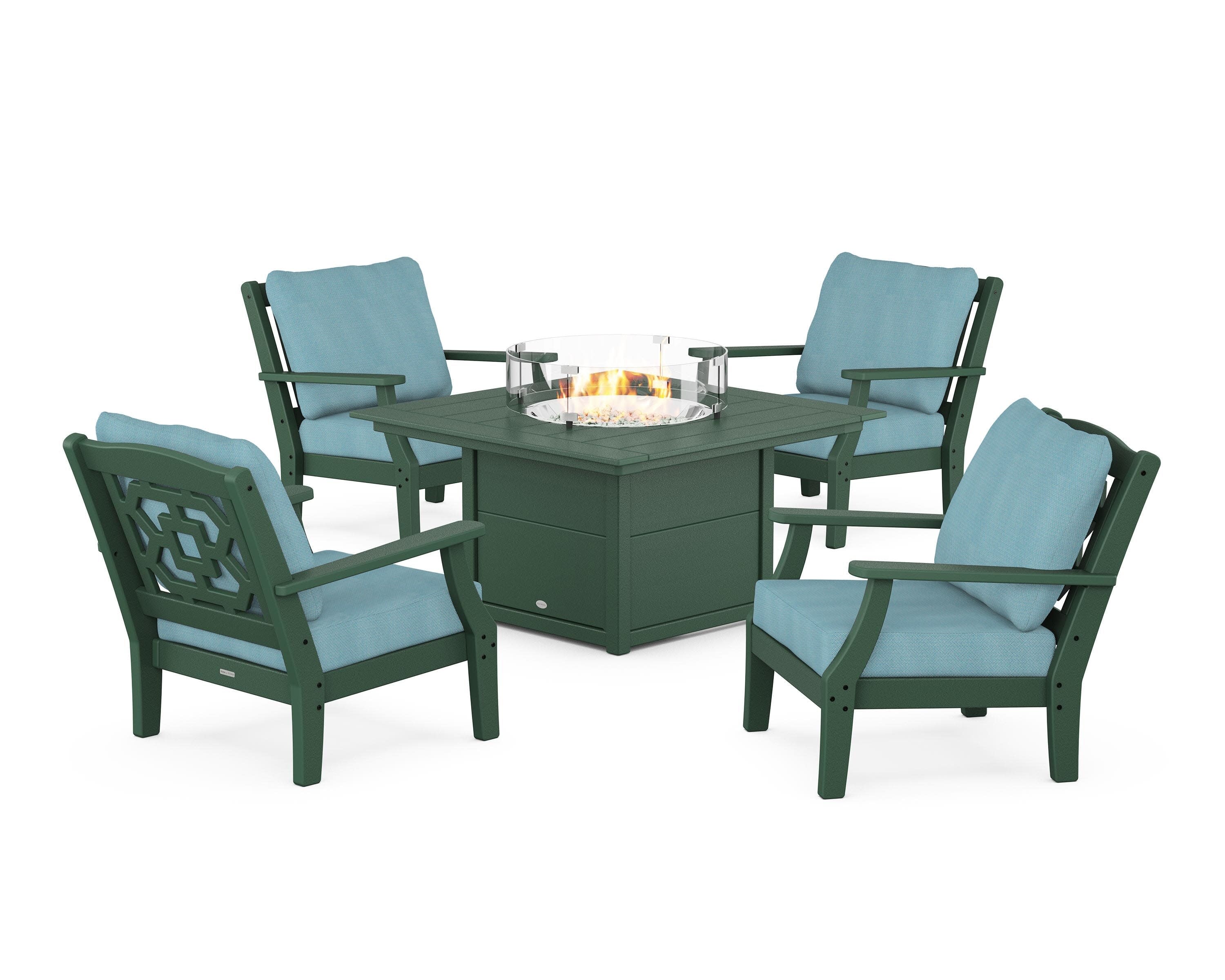 Chinoiserie 5-Piece Deep Seating Set with Fire Pit Table in Green / Lattice Sky Blue