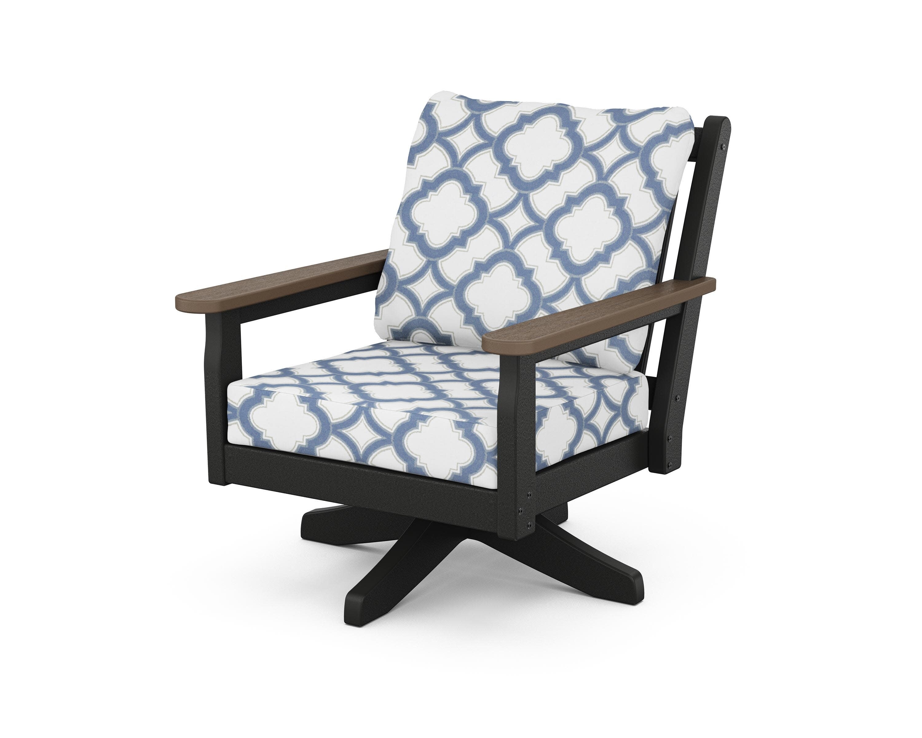 Chippendale Deep Seating Swivel Chair in Black / Kona / Trellis Sky Blue