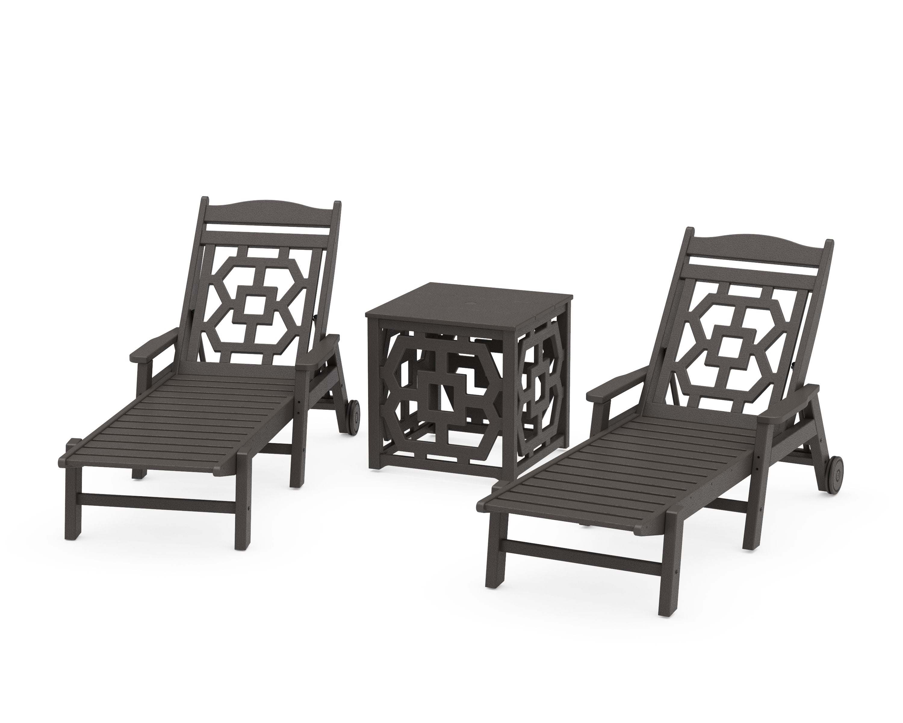 Chinoiserie 3-Piece Chaise Set with Umbrella Stand Accent Table in Vintage Coffee
