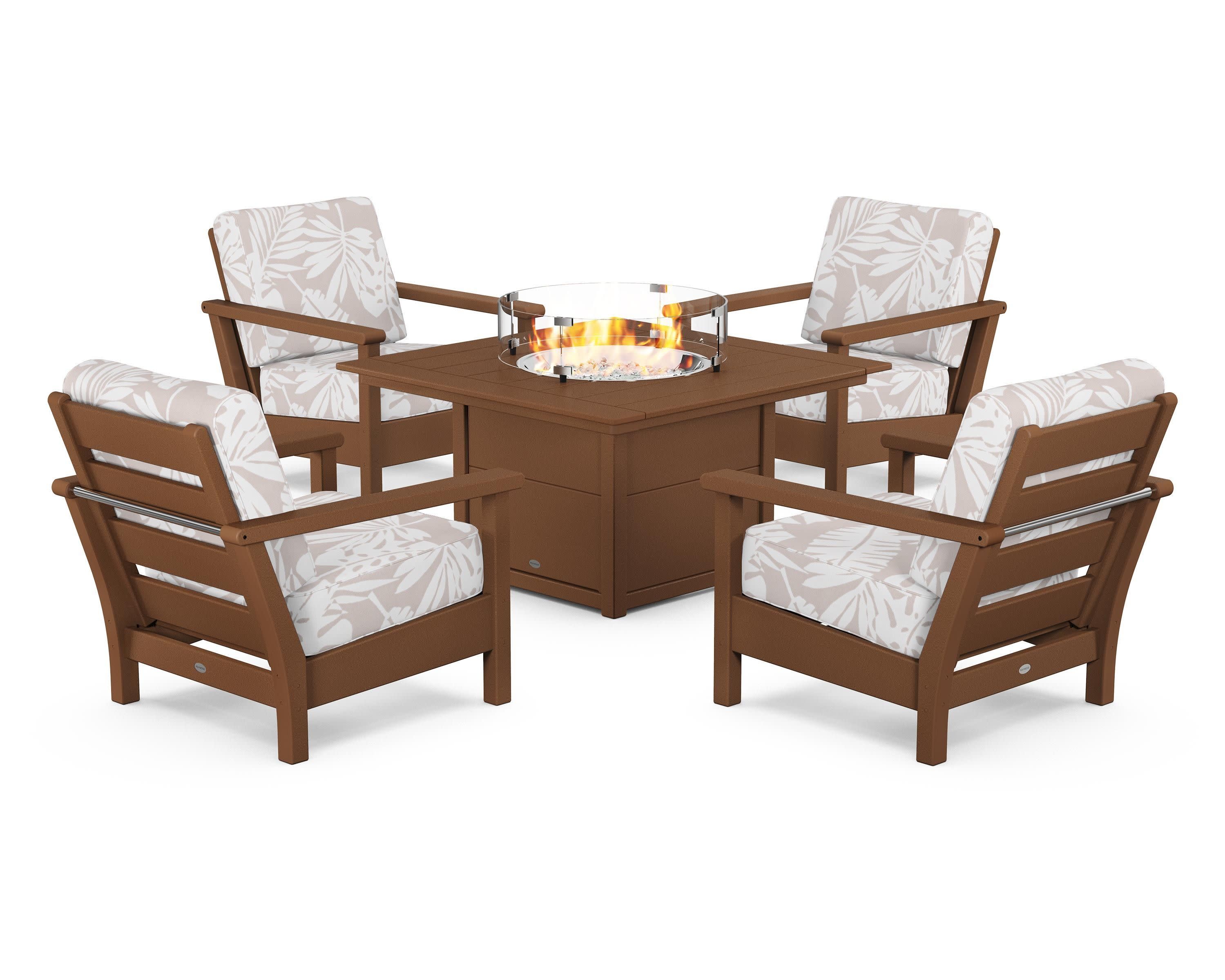 Harbour 5-Piece Conversation Set with Fire Pit Table in Teak / Leaf Dune Burlap