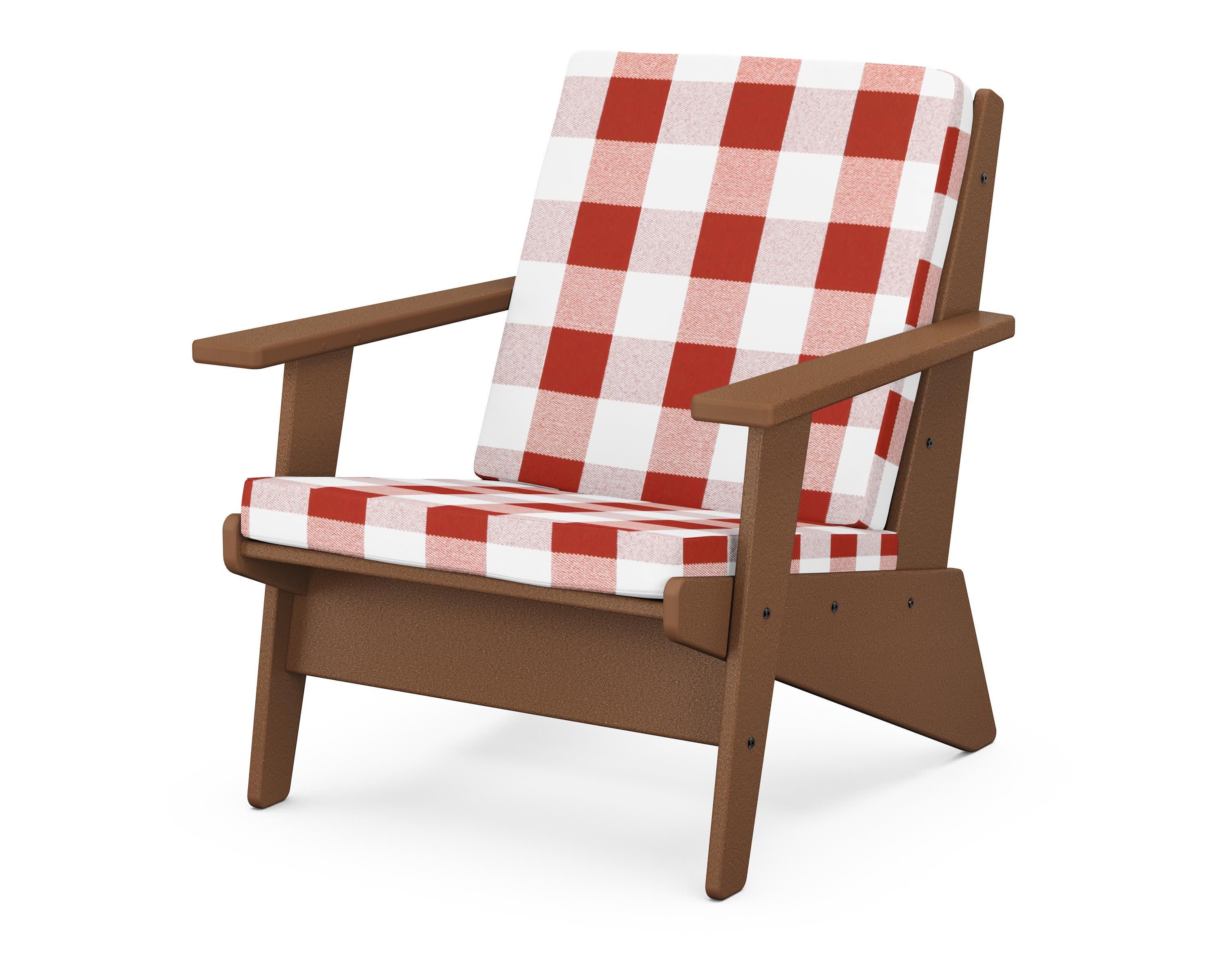 Riviera Modern Lounge Chair in Teak / Buffalo Plaid Crimson