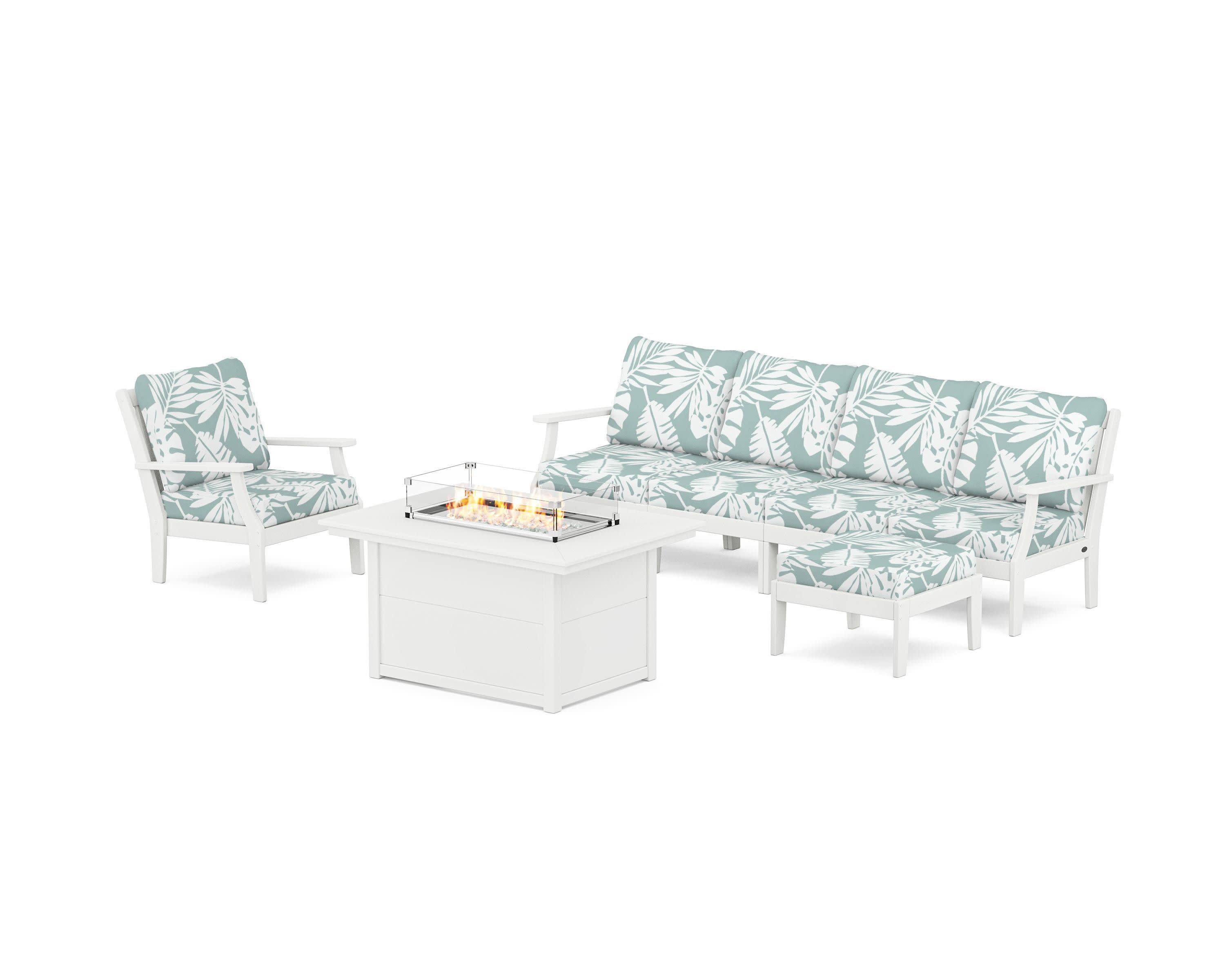 Braxton Sectional Lounge and Fire Pit Set in White / Leaf Glacier Spa