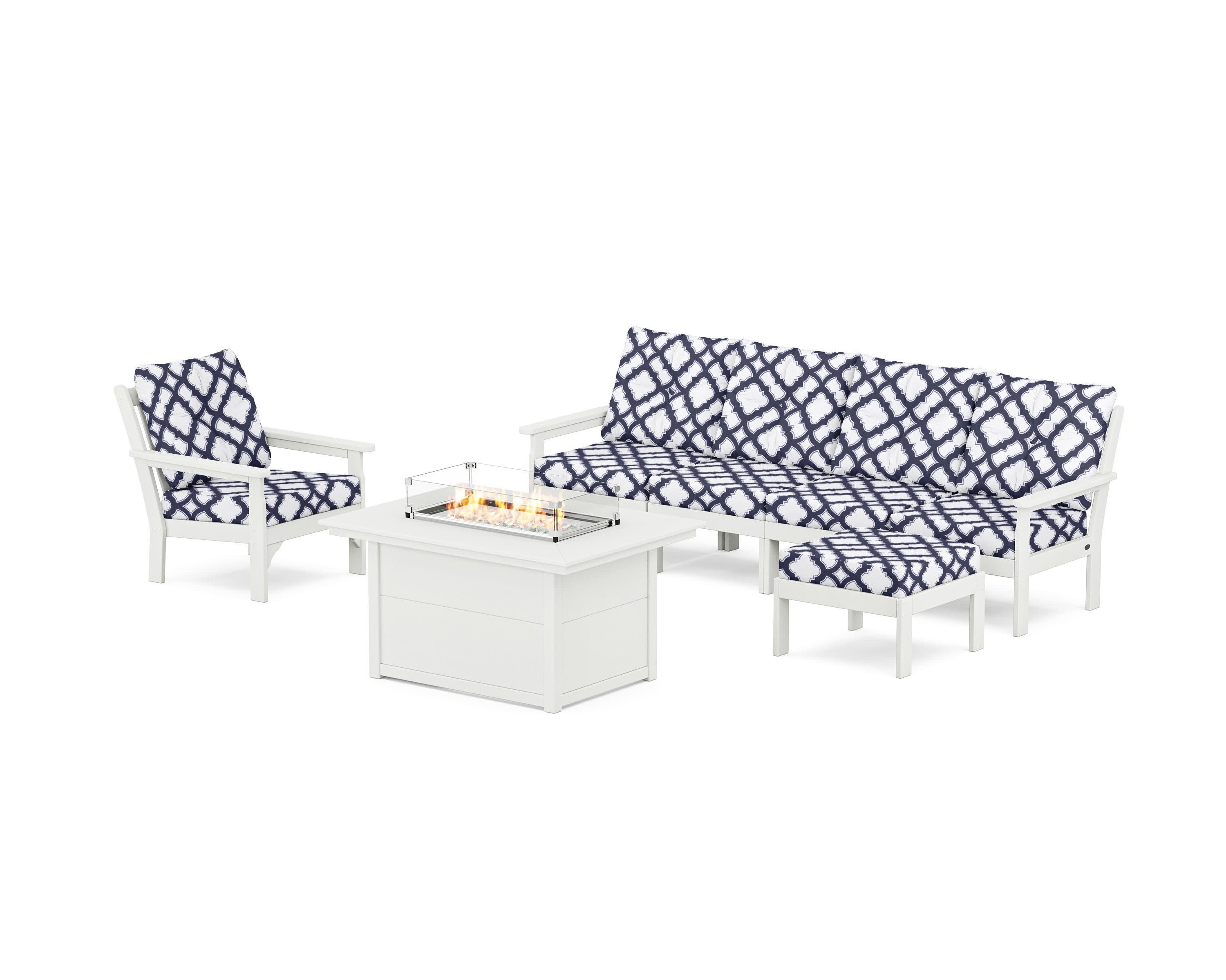 Vineyard Sectional Lounge and Fire Pit Set in Vintage White / Trellis Navy