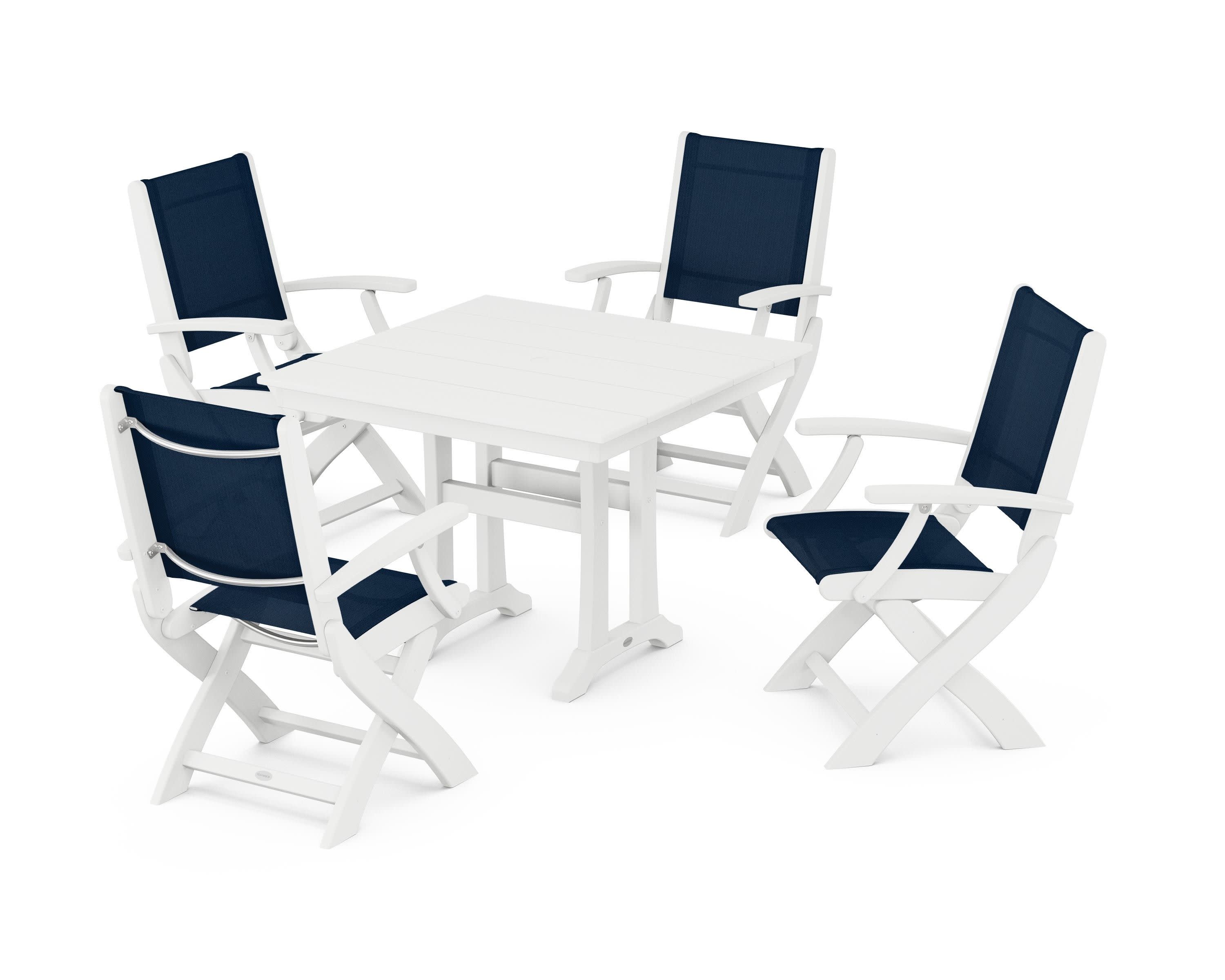Coastal Folding Chair 5-Piece Farmhouse Dining Set With Trestle Legs in White / Navy Blue Sling