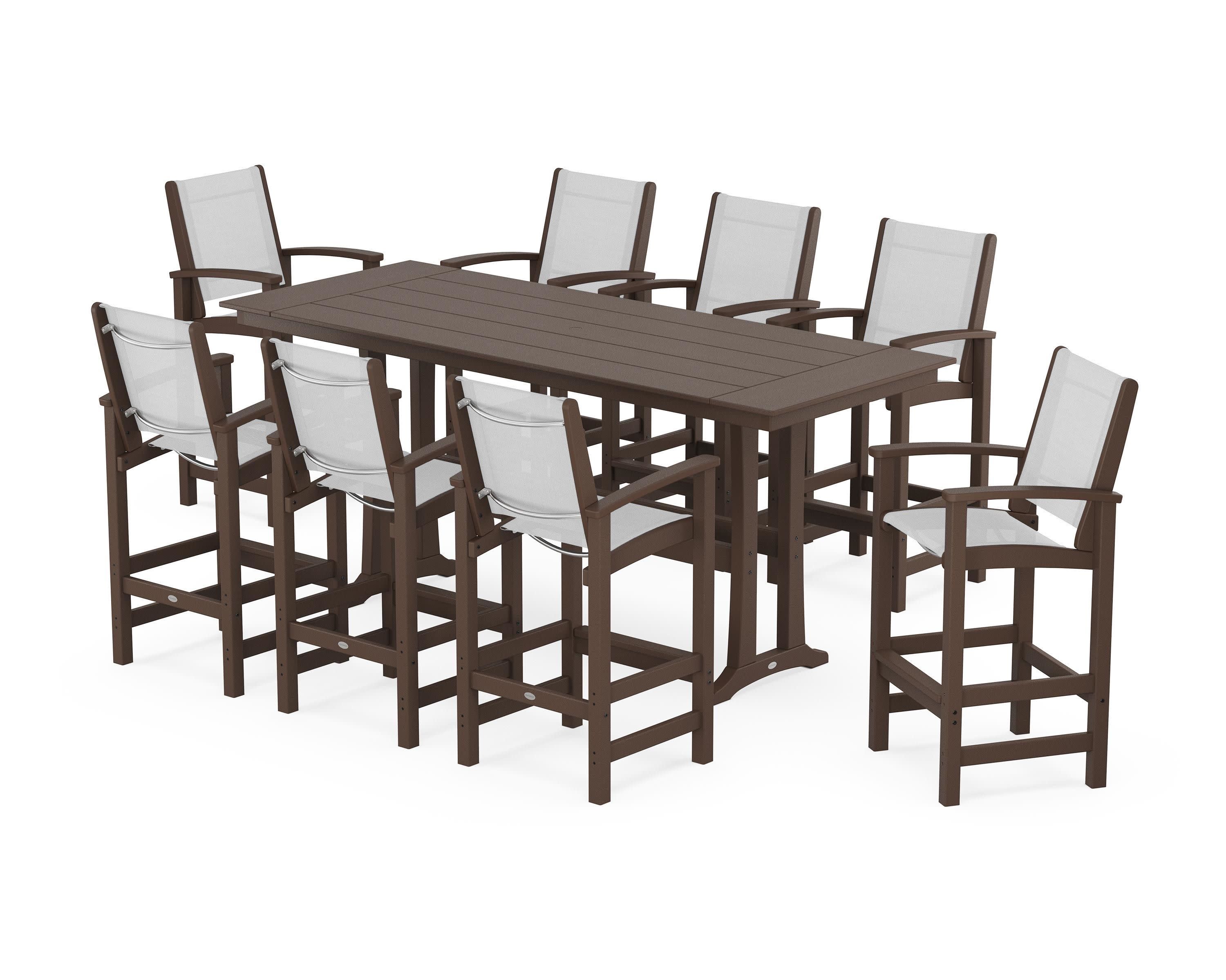 Coastal 9-Piece Farmhouse Bar Set with Trestle Legs in Mahogany / White Sling