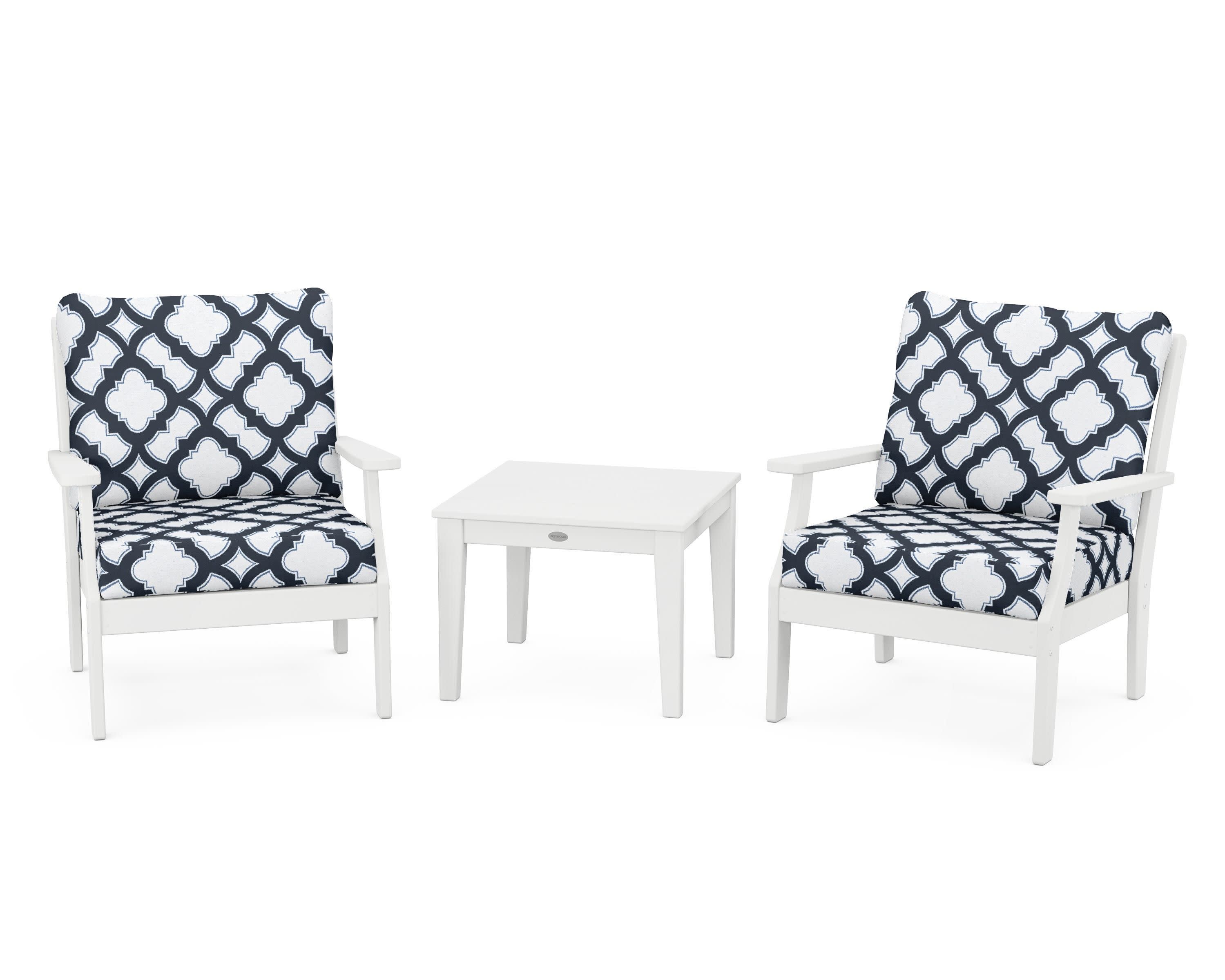 Braxton 3-Piece Deep Seating Set in White / Trellis Marine Indigo