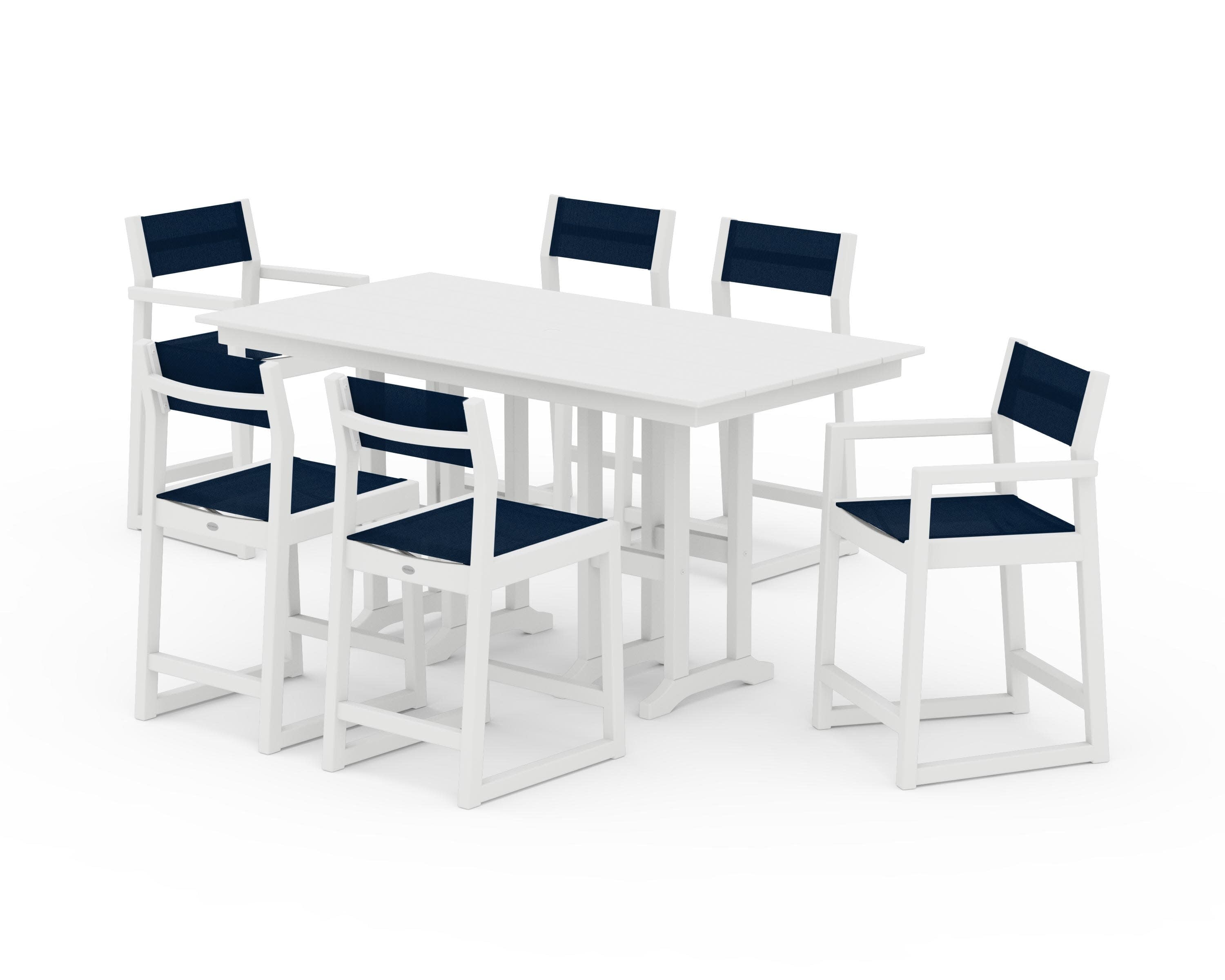 EDGE Sling 7-Piece Farmhouse Counter Set with Trestle Legs in White / Navy Blue Sling