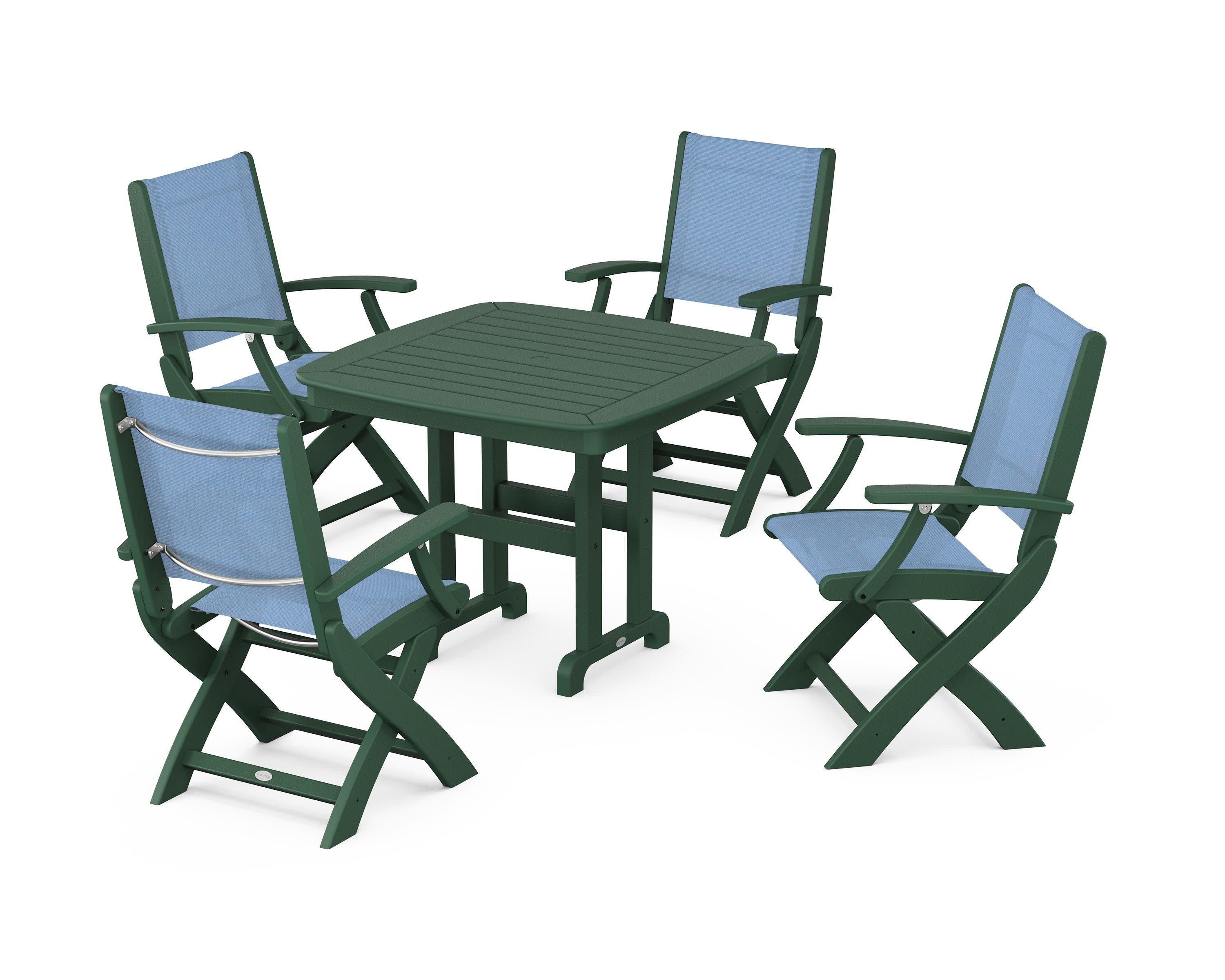 Coastal Folding Chair 5-Piece Dining Set in Green / Poolside Sling