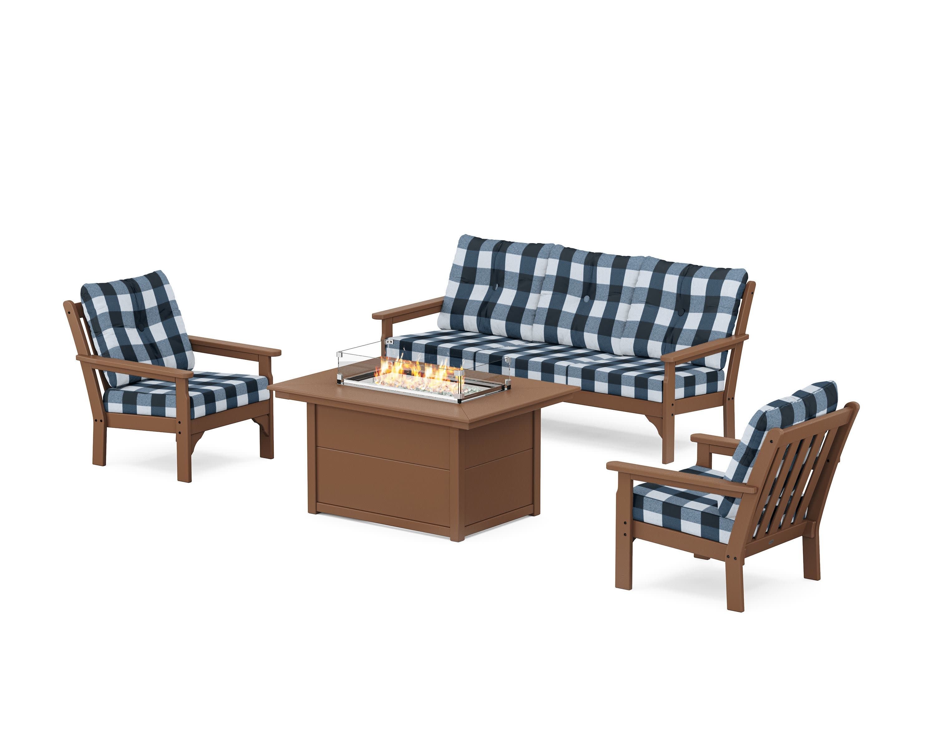 Vineyard Deep Seating Fire Pit Table Set in Teak / Buffalo Plaid Marine Indigo
