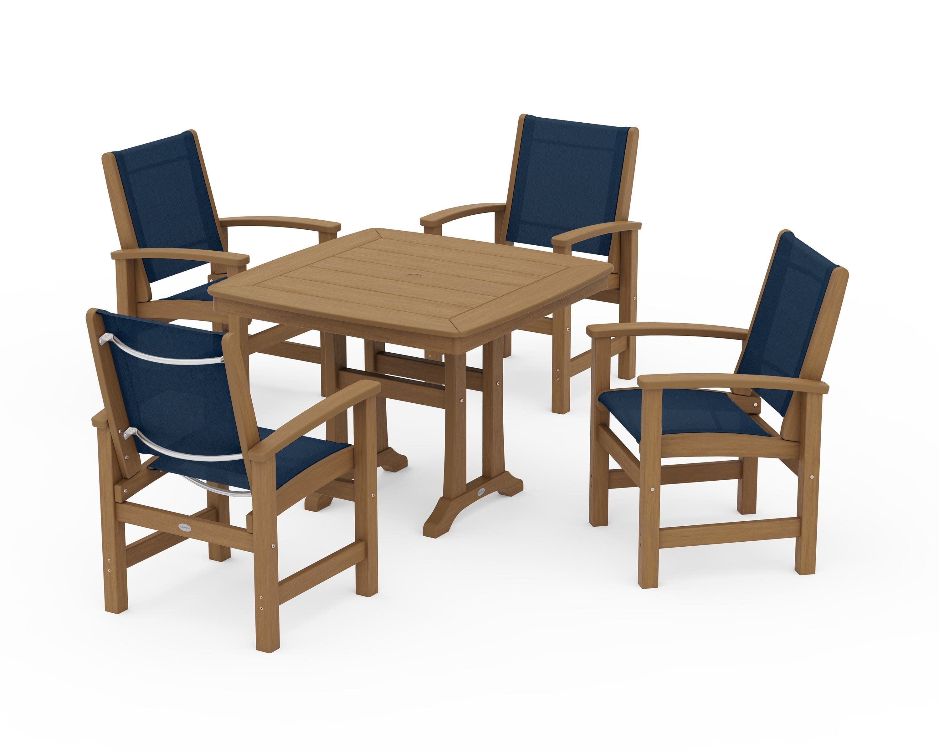 Coastal 5-Piece Dining Set with Trestle Legs in Natural / Navy Blue Sling
