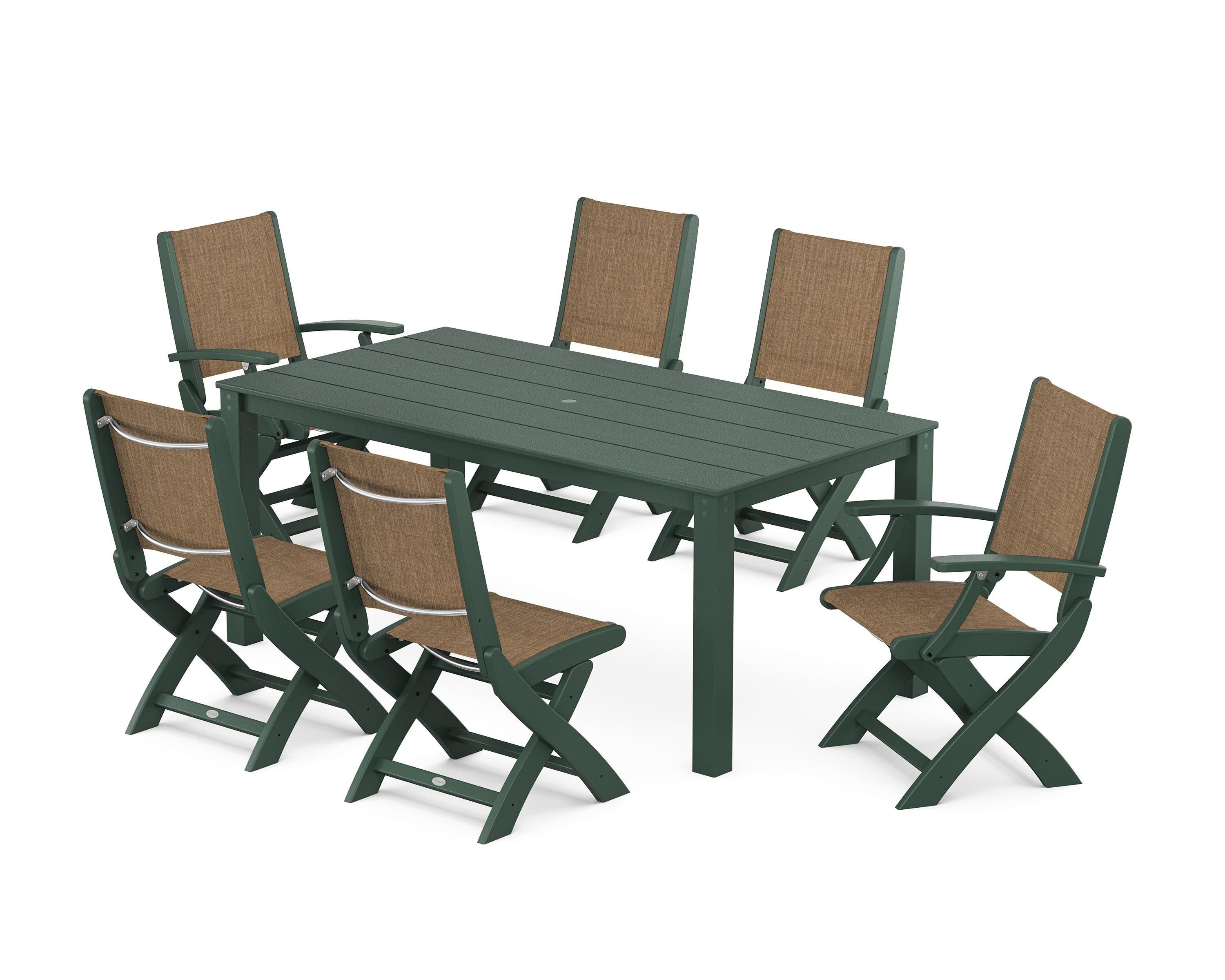 Coastal Folding Chair 7-Piece Parsons Dining Set in Green / Burlap Sling