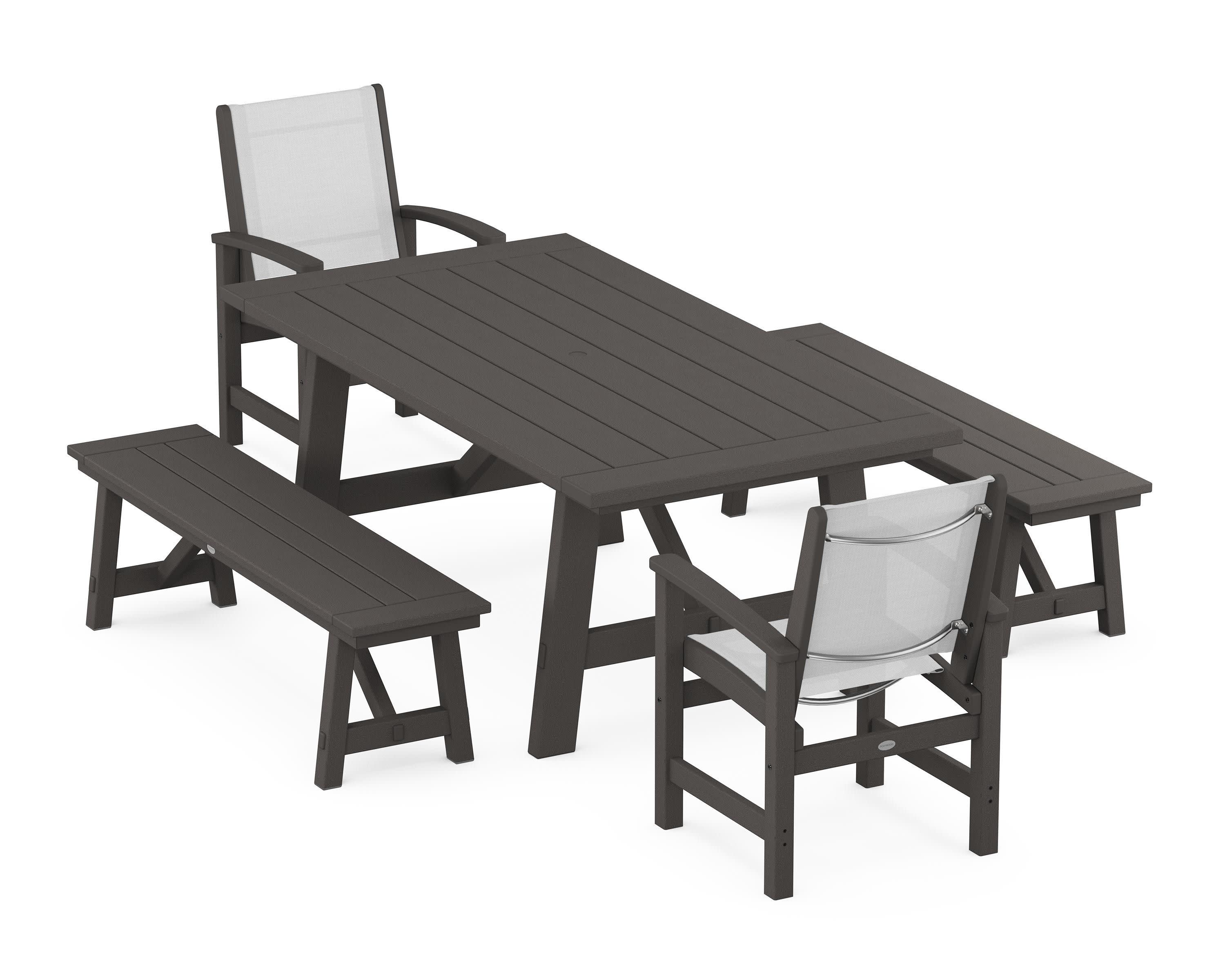 Coastal 5-Piece Rustic Farmhouse Dining Set With Benches in Vintage Coffee / White Sling