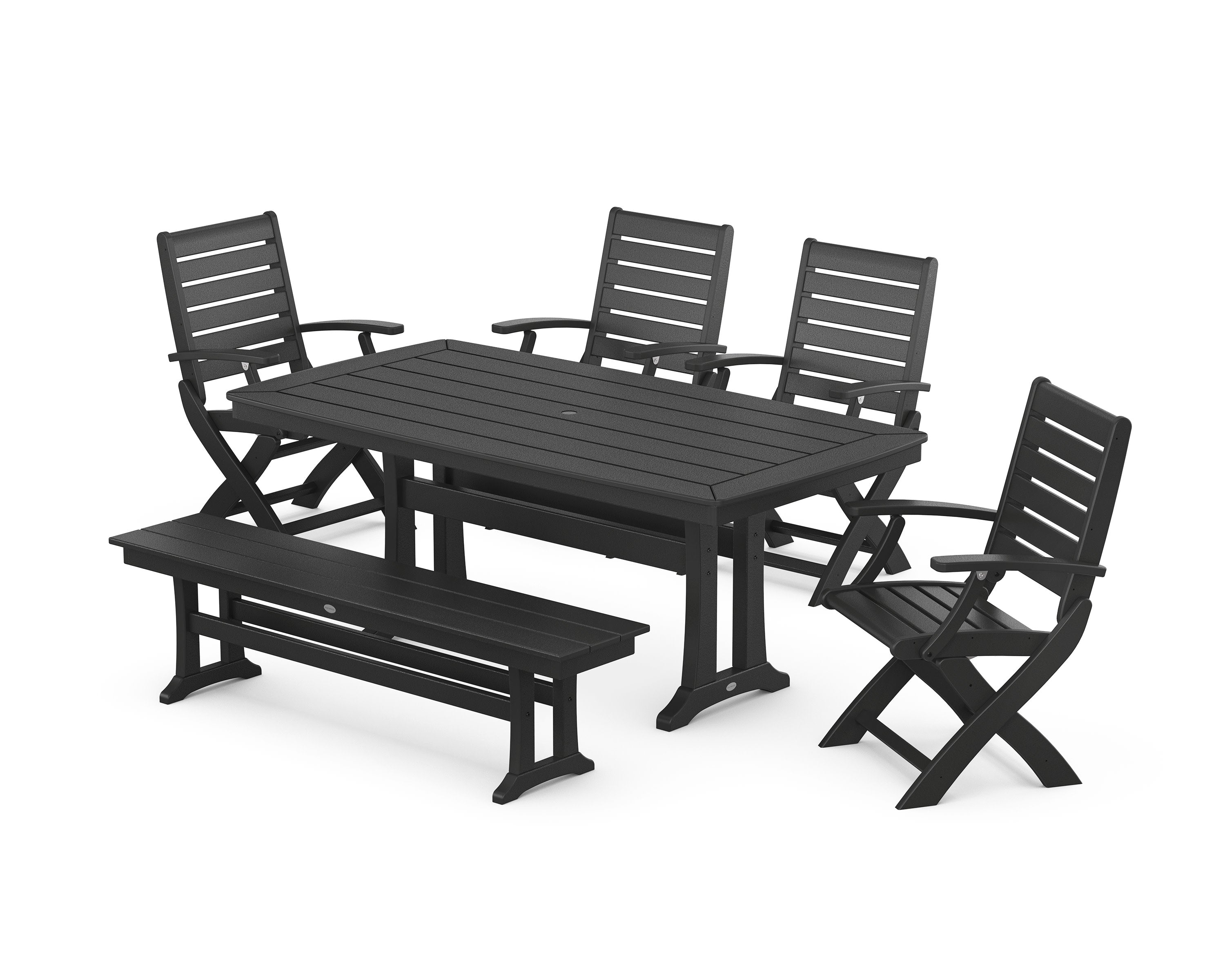 Signature Folding Chair 6-Piece Dining Set with Trestle Legs and Bench in Black