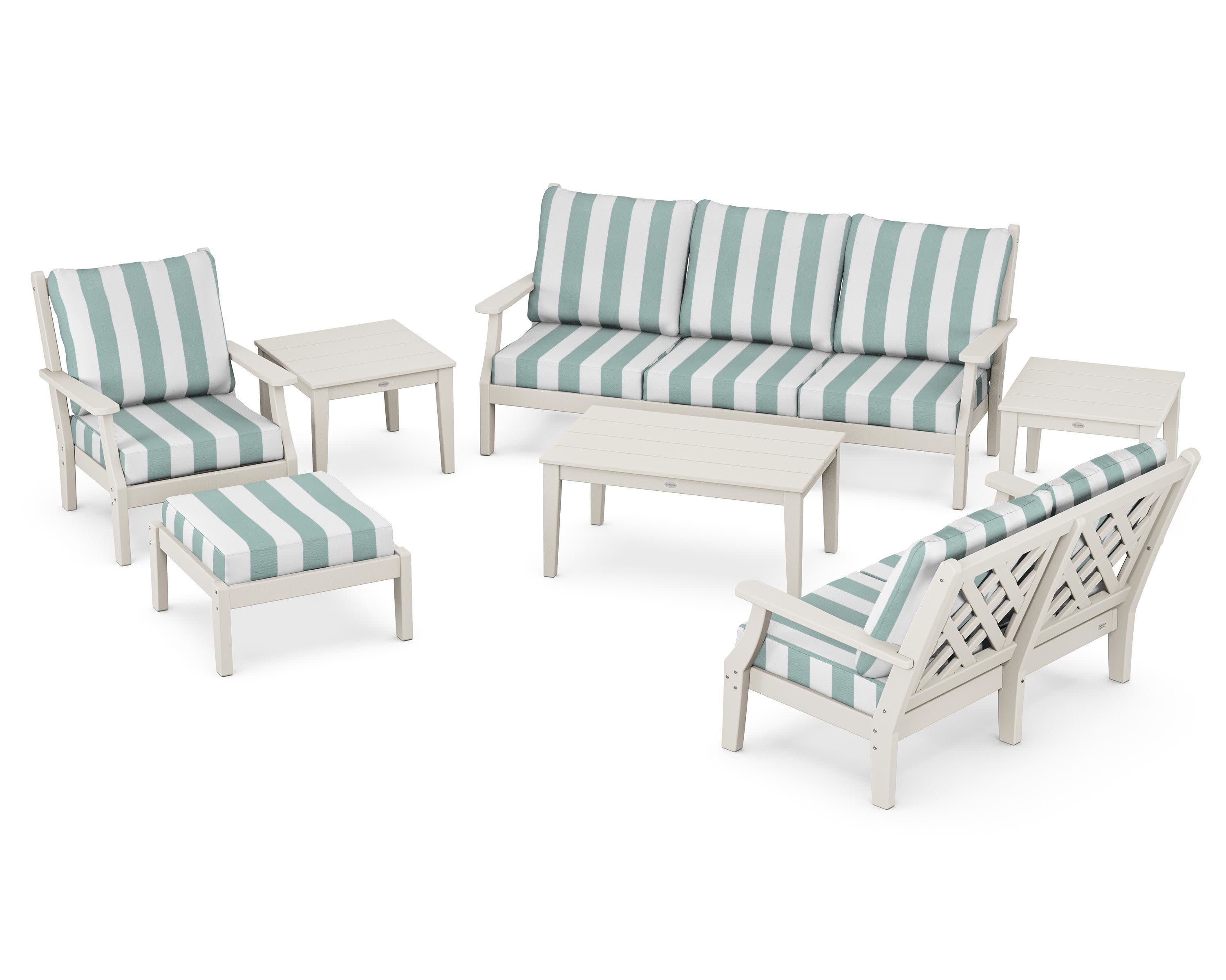 Wovendale 7-Piece Deep Seating Set in Sand / Cabana Stripe Glacier Spa