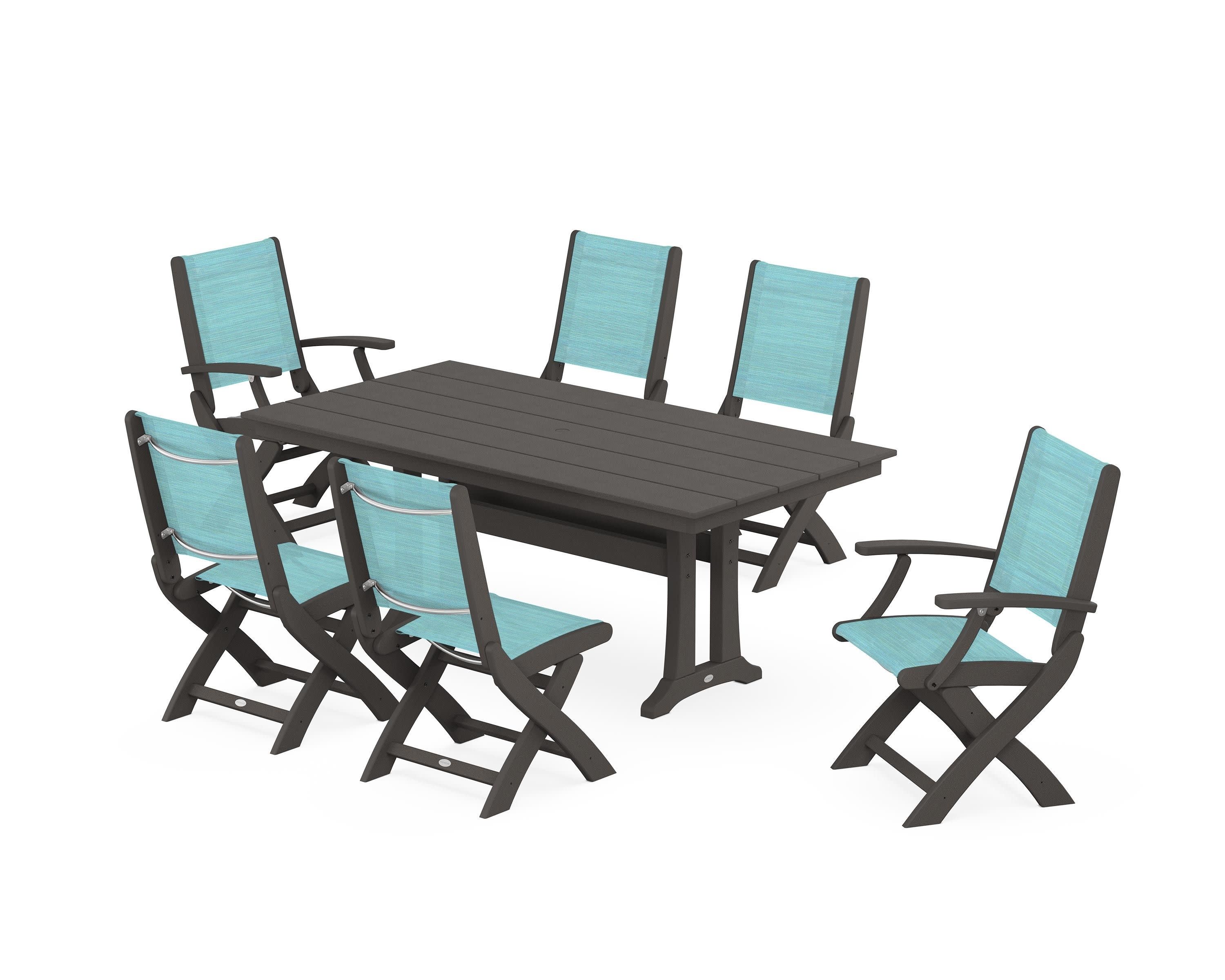 Coastal Folding Chair 7-Piece Farmhouse Dining Set with Trestle Legs in Vintage Coffee / Dupioni Aquamarine Sling