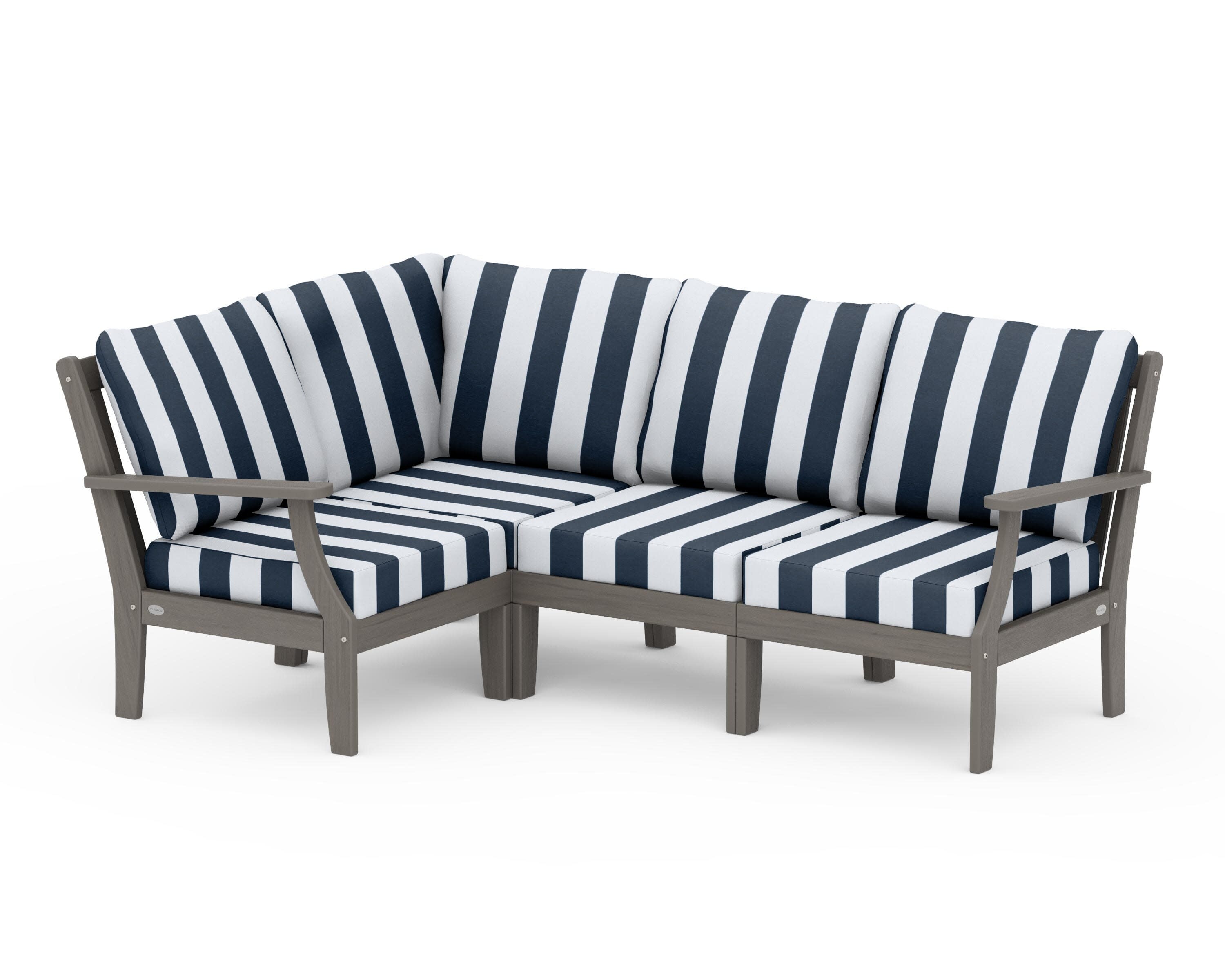 Braxton Modular 4-Piece Deep Seating Set in Driftwood / Cabana Stripe Marine Indigo