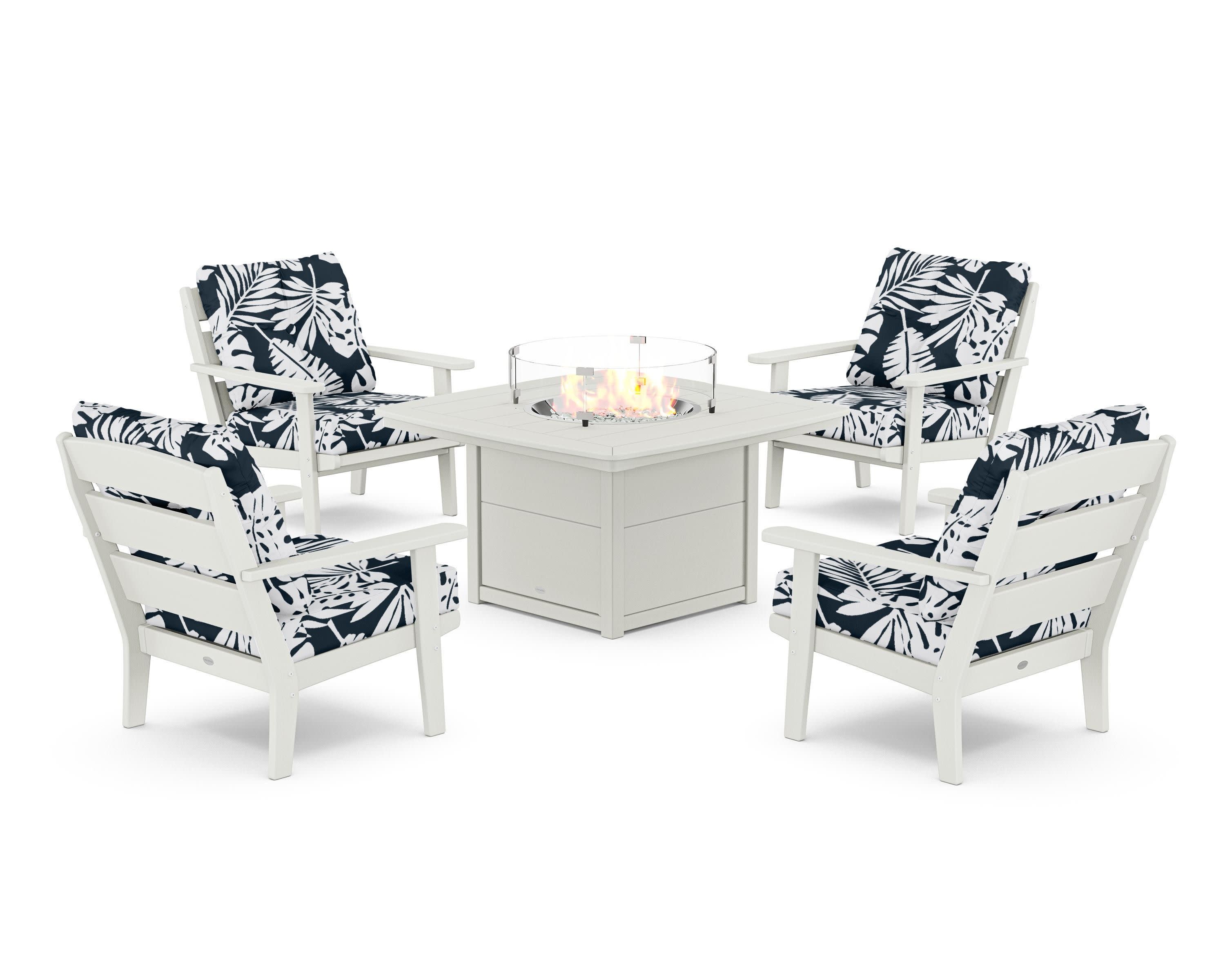 Lakeside 5-Piece Deep Seating Set with Nautical Fire Pit Table in Vintage White / Leaf Marine Indigo